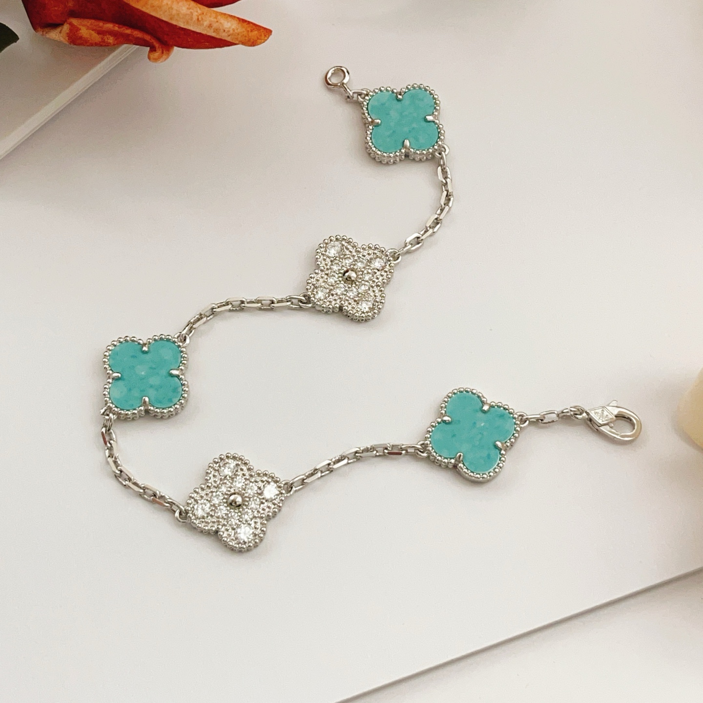 Van Cleef Arpels Vintage Alhambra bracelet White gold turquoise diamond 17cm