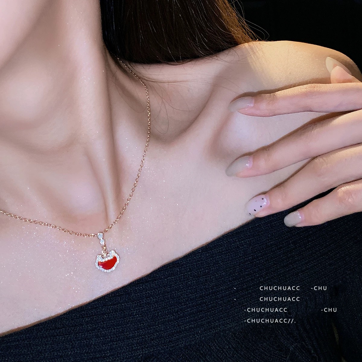 Qeelin Yu Yi necklace 18K rose gold red agate diamond 42cm