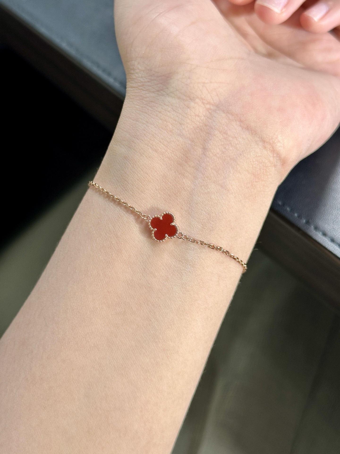 Van Cleef Arpels Sweet Alhambra bracelet Silver-toned white gold metal with red carnelian clover motif 17cm
