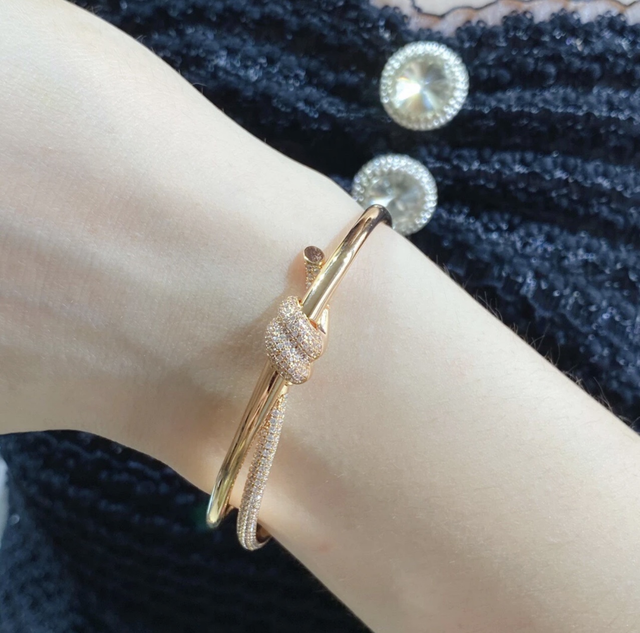 Tiffany Co Knot bracelet rose gold metal with clear pave diamonds 17cm inner circumference