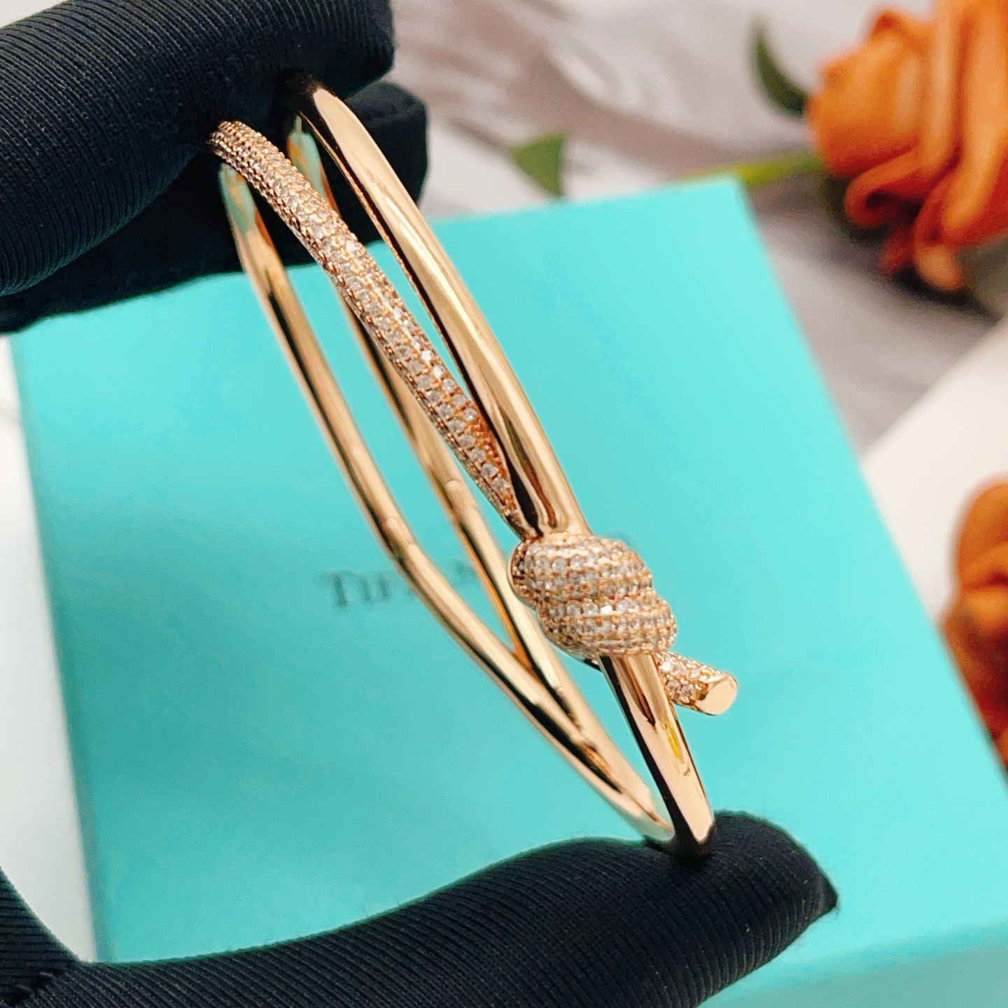 Tiffany Co Knot bracelet rose gold metal with clear pave diamonds 17cm inner circumference