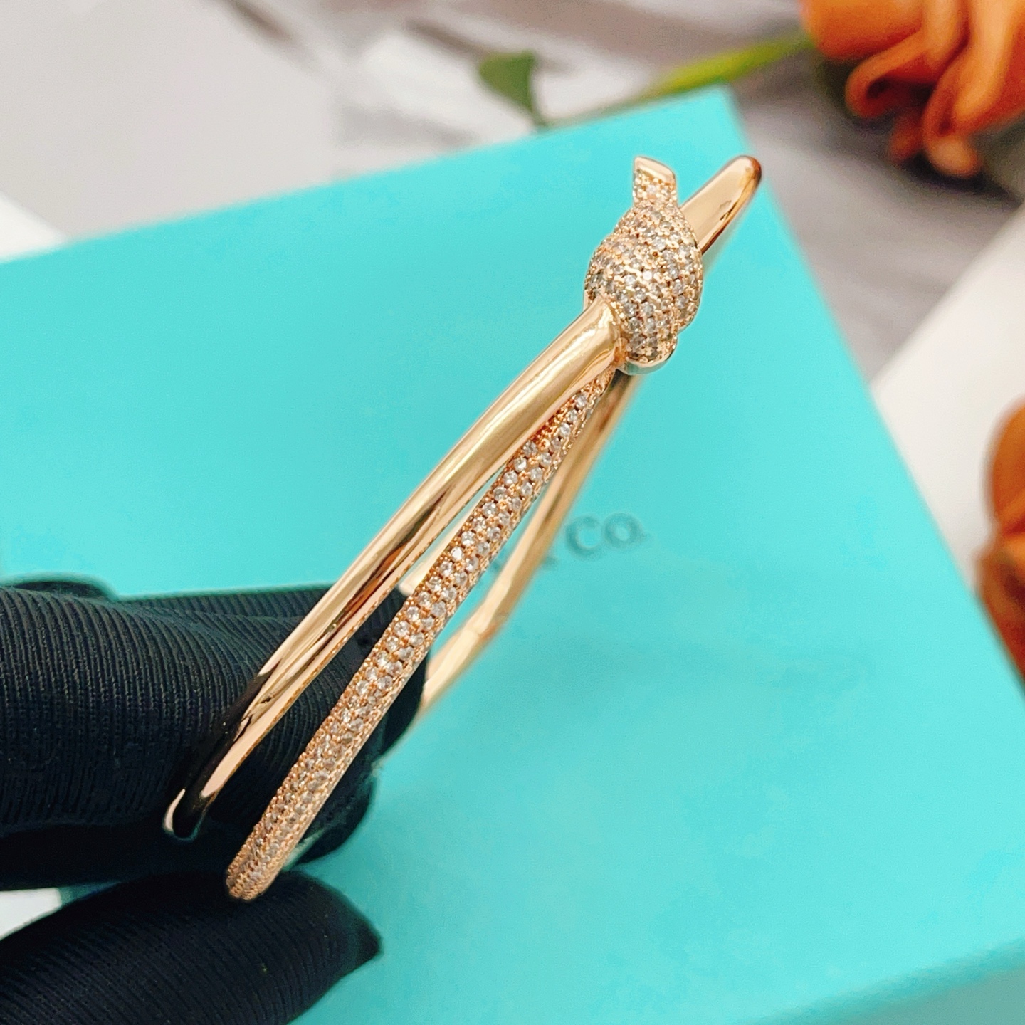 Tiffany Co Knot bracelet rose gold metal with clear pave diamonds 17cm inner circumference