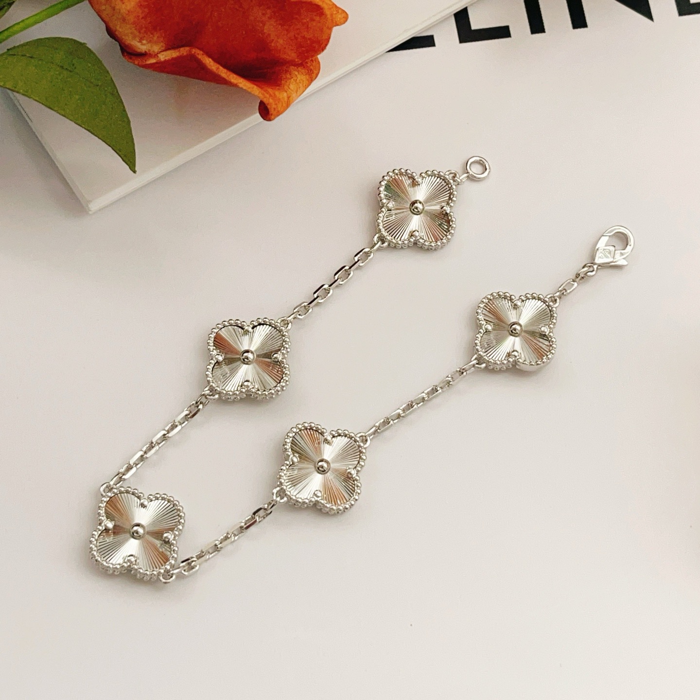 Van Cleef Arpels Vintage Alhambra bracelet silver-toned metal with guilloche engraved clover motifs 18cm