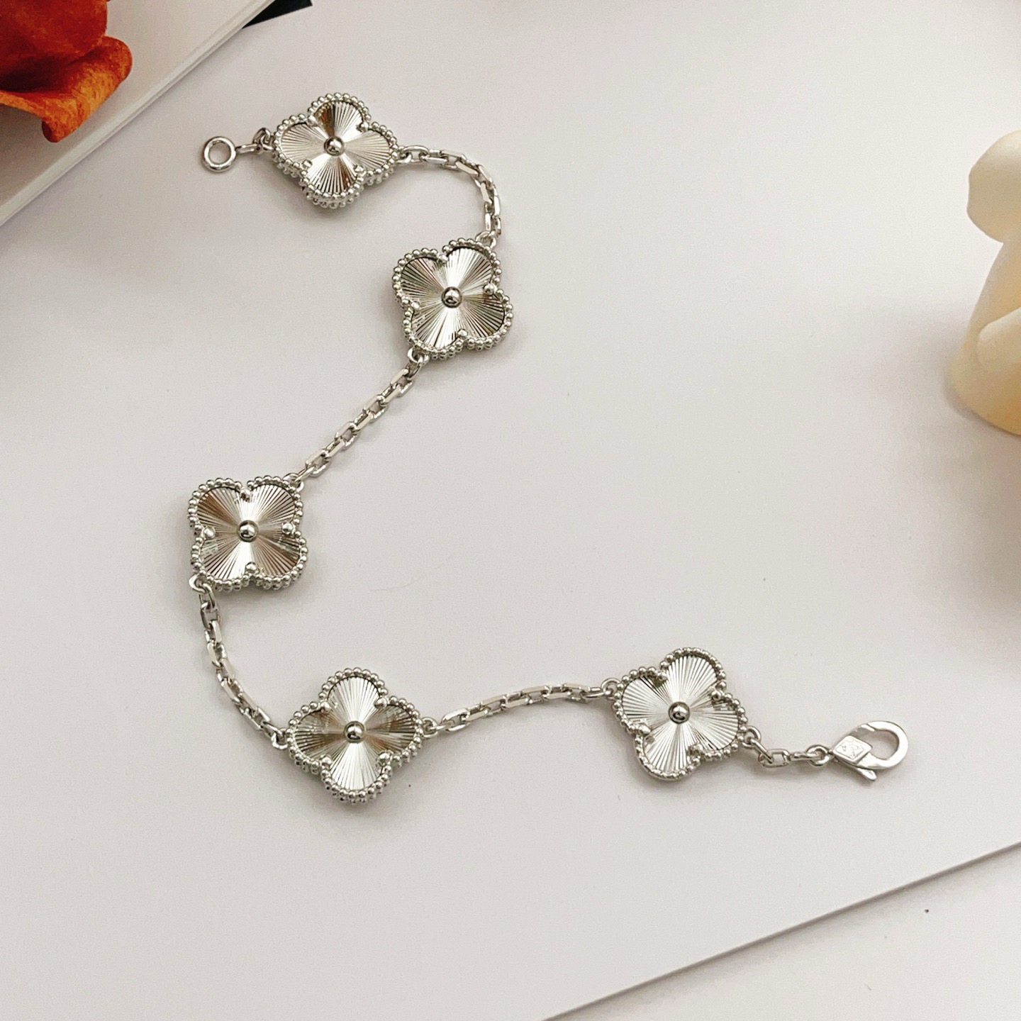Van Cleef Arpels Vintage Alhambra bracelet silver-toned metal with guilloche engraved clover motifs 18cm