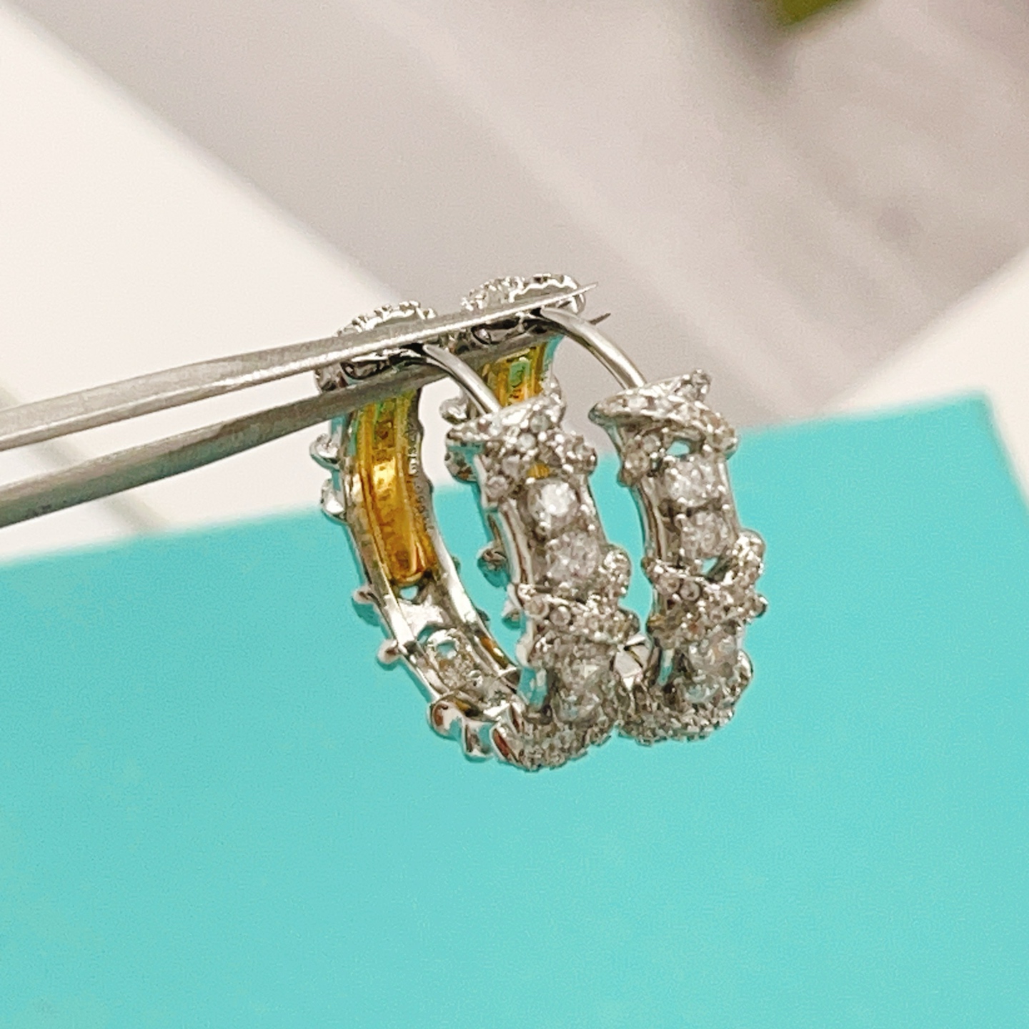 Tiffany Co Schlumberger Sixteen Stone earrings platinum metal with clear diamond stones 15mm hoop diameter
