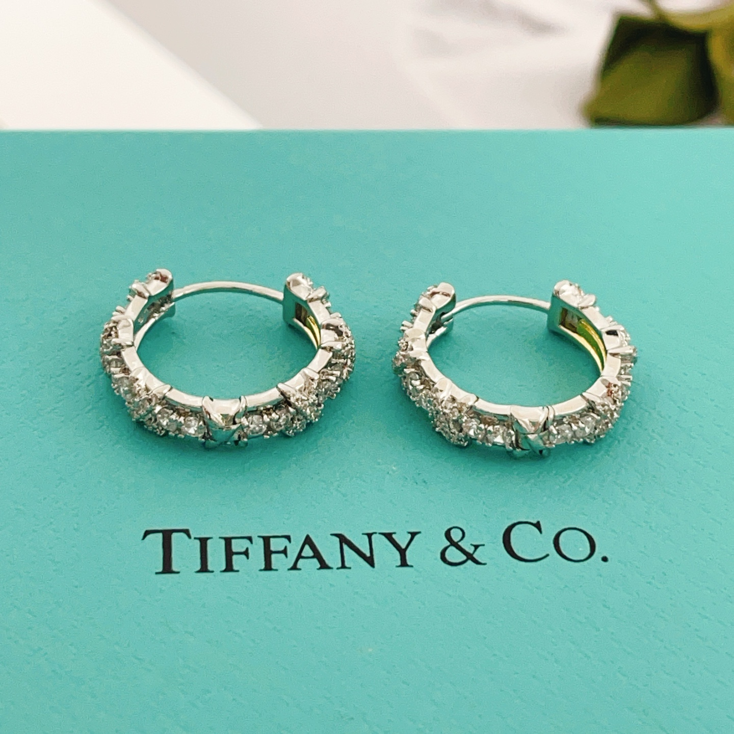 Tiffany Co Schlumberger Sixteen Stone earrings platinum metal with clear diamond stones 15mm hoop diameter