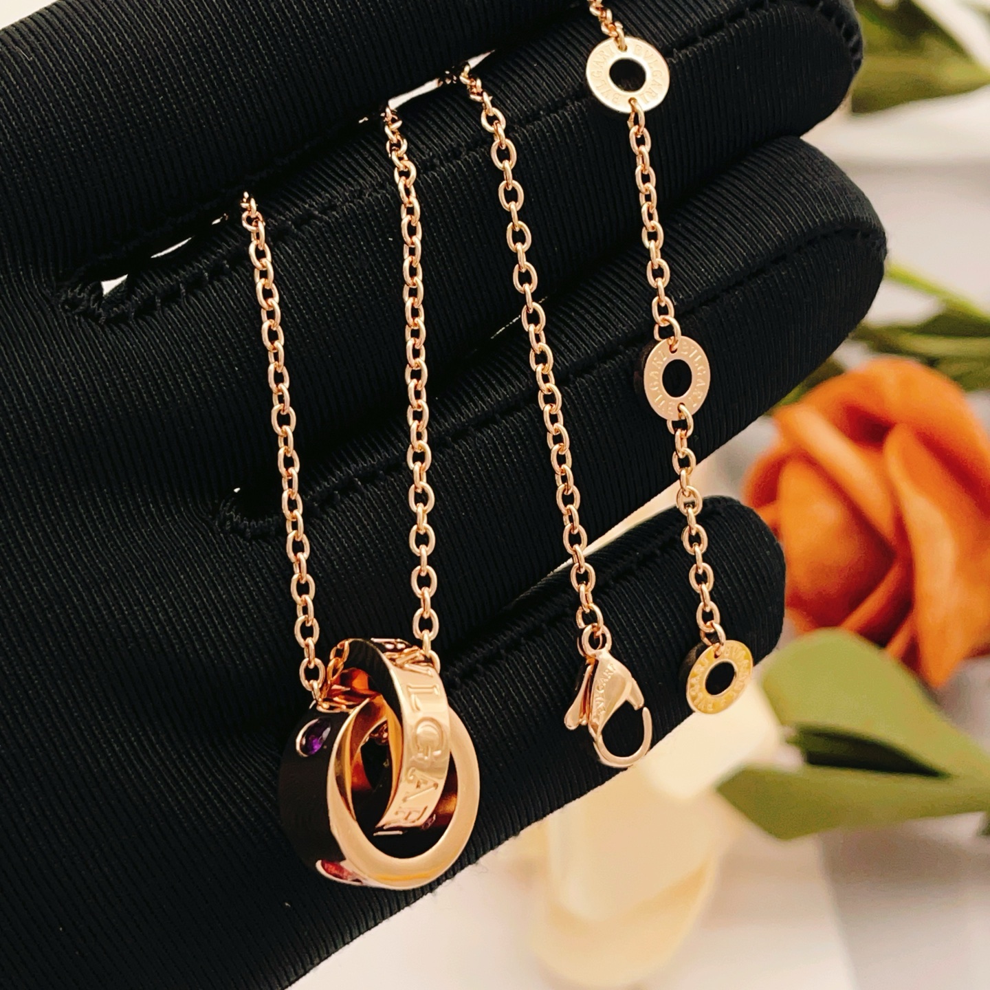 Bvlgari B zero1 necklace rose gold with amethyst and pink tourmaline accents 40-45cm adjustable