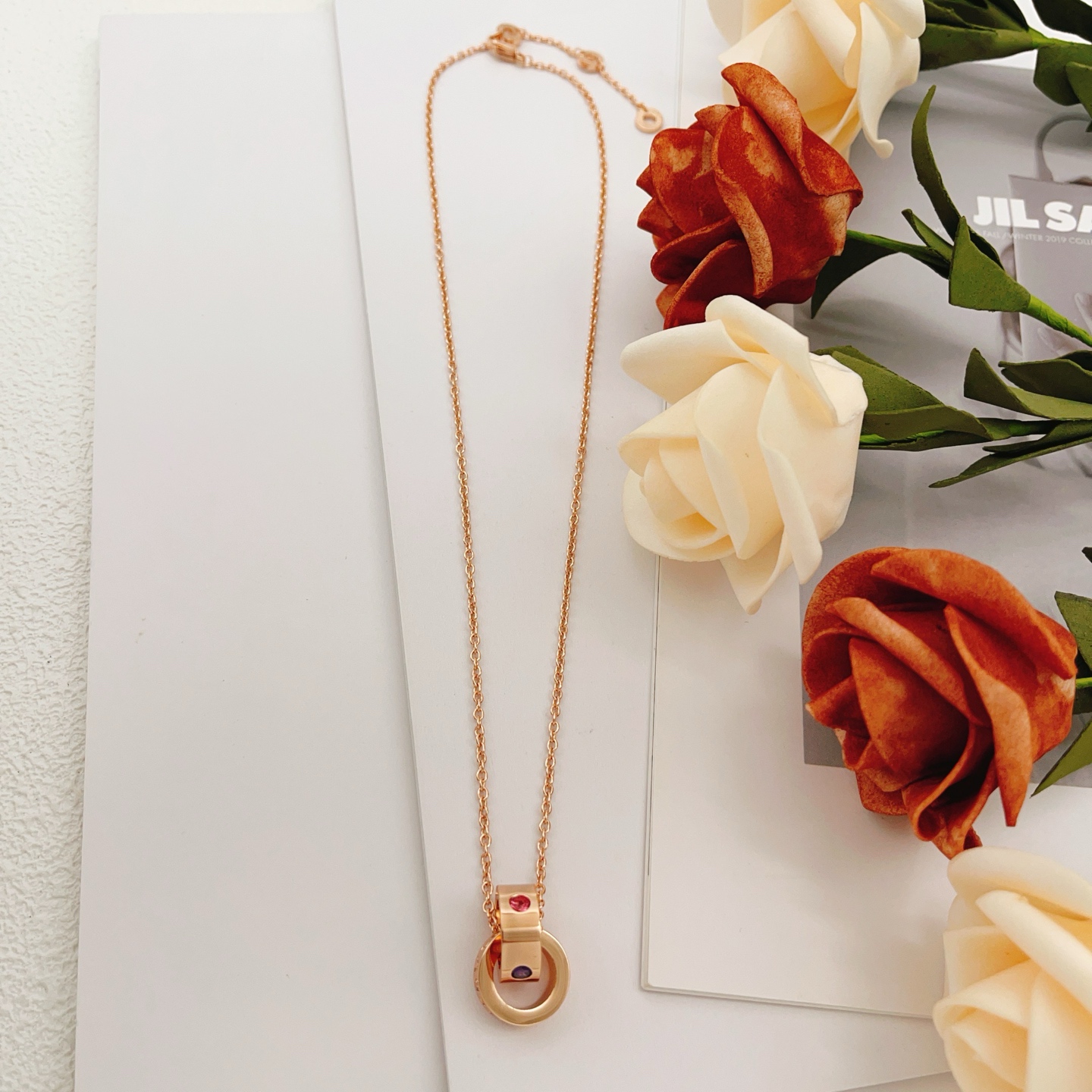 Bvlgari B zero1 necklace rose gold with amethyst and pink tourmaline accents 40-45cm adjustable