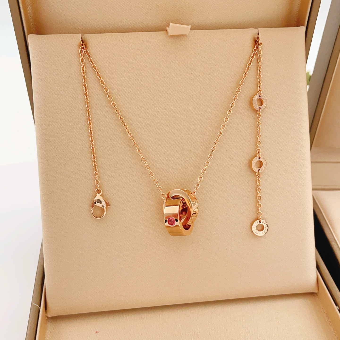 Bvlgari B zero1 necklace rose gold with amethyst and pink tourmaline accents 40-45cm adjustable