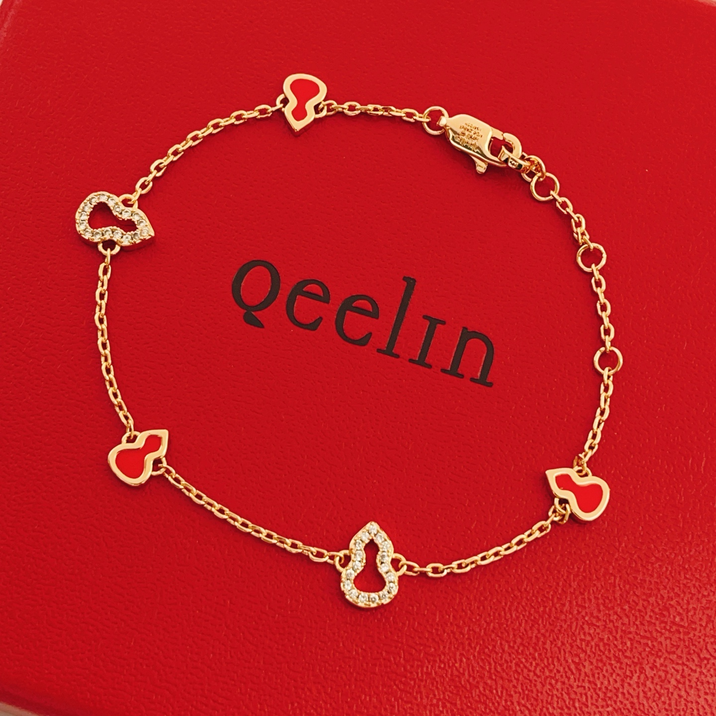 Qeelin Wulu bracelet 18K rose gold red enamel clear diamond 18cm