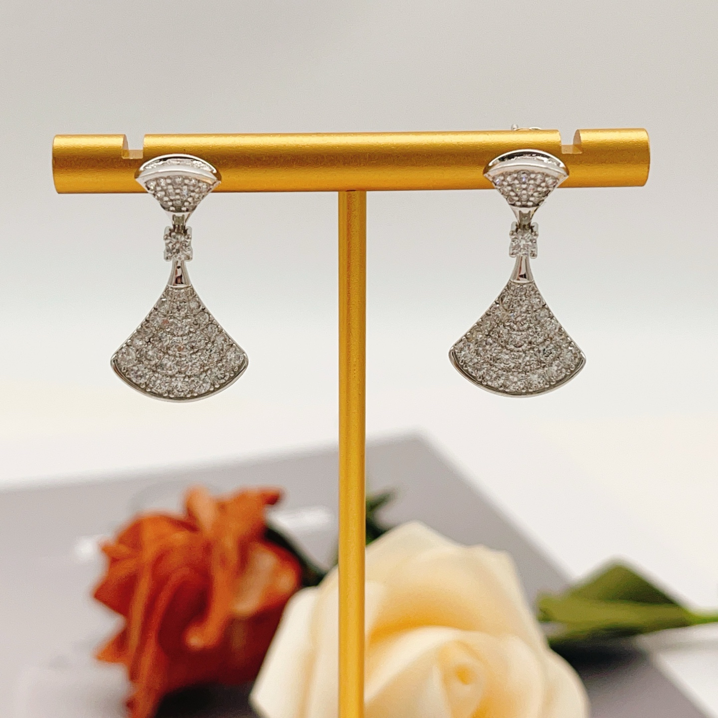 Bvlgari Divas Dream earrings silver-toned white gold with full pave clear diamonds 2 2cm drop length
