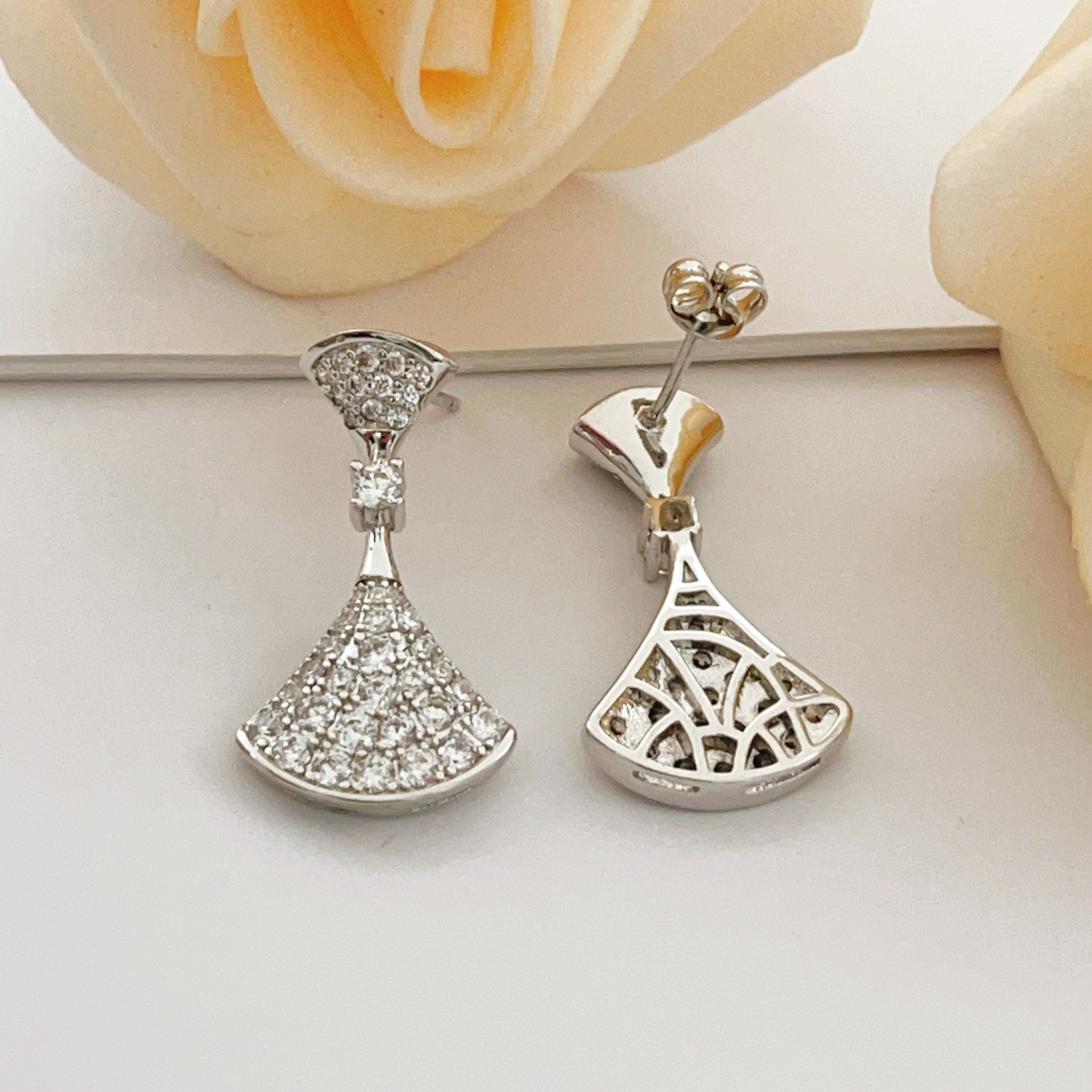 Bvlgari Divas Dream earrings silver-toned white gold with full pave clear diamonds 2 2cm drop length