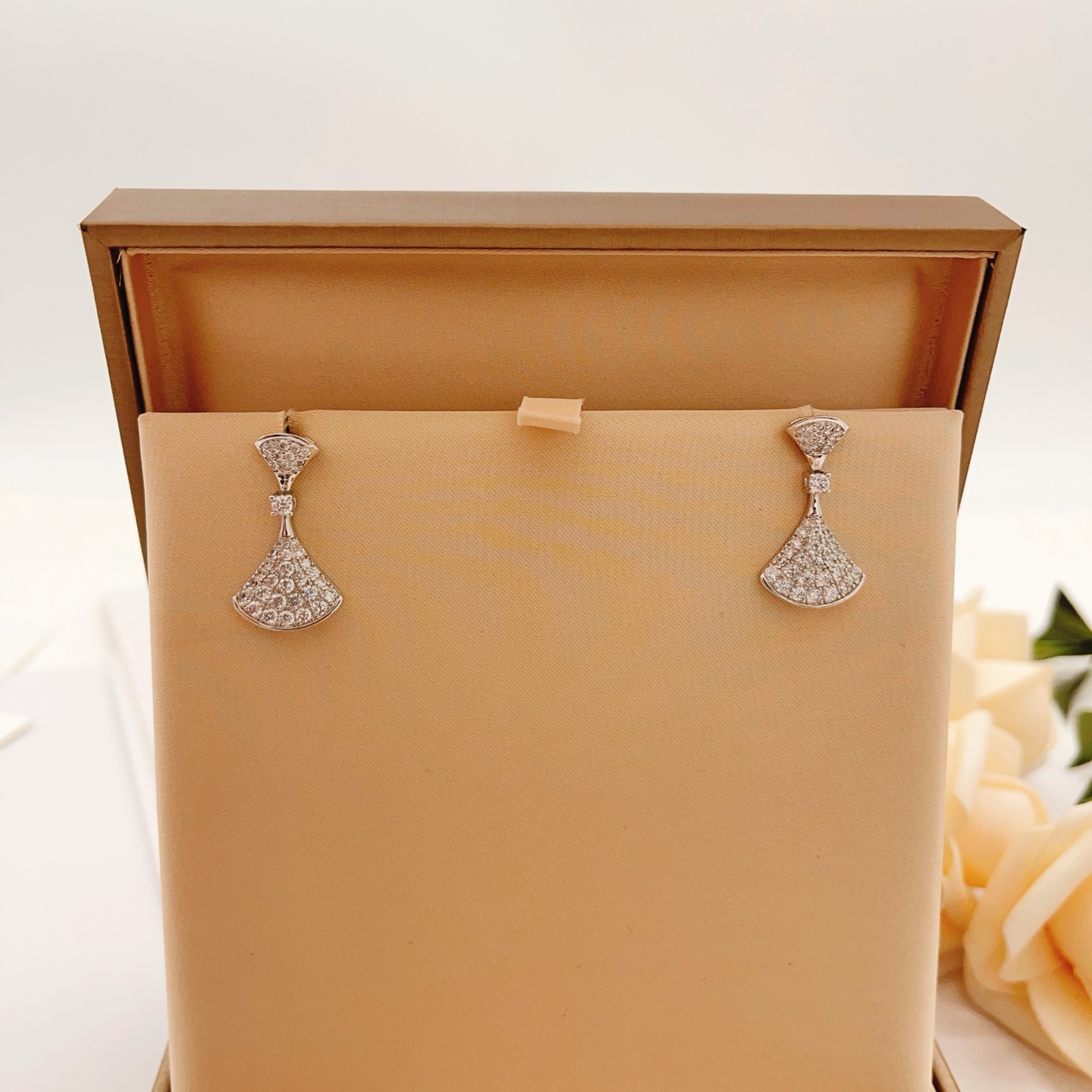 Bvlgari Divas Dream earrings silver-toned white gold with full pave clear diamonds 2 2cm drop length