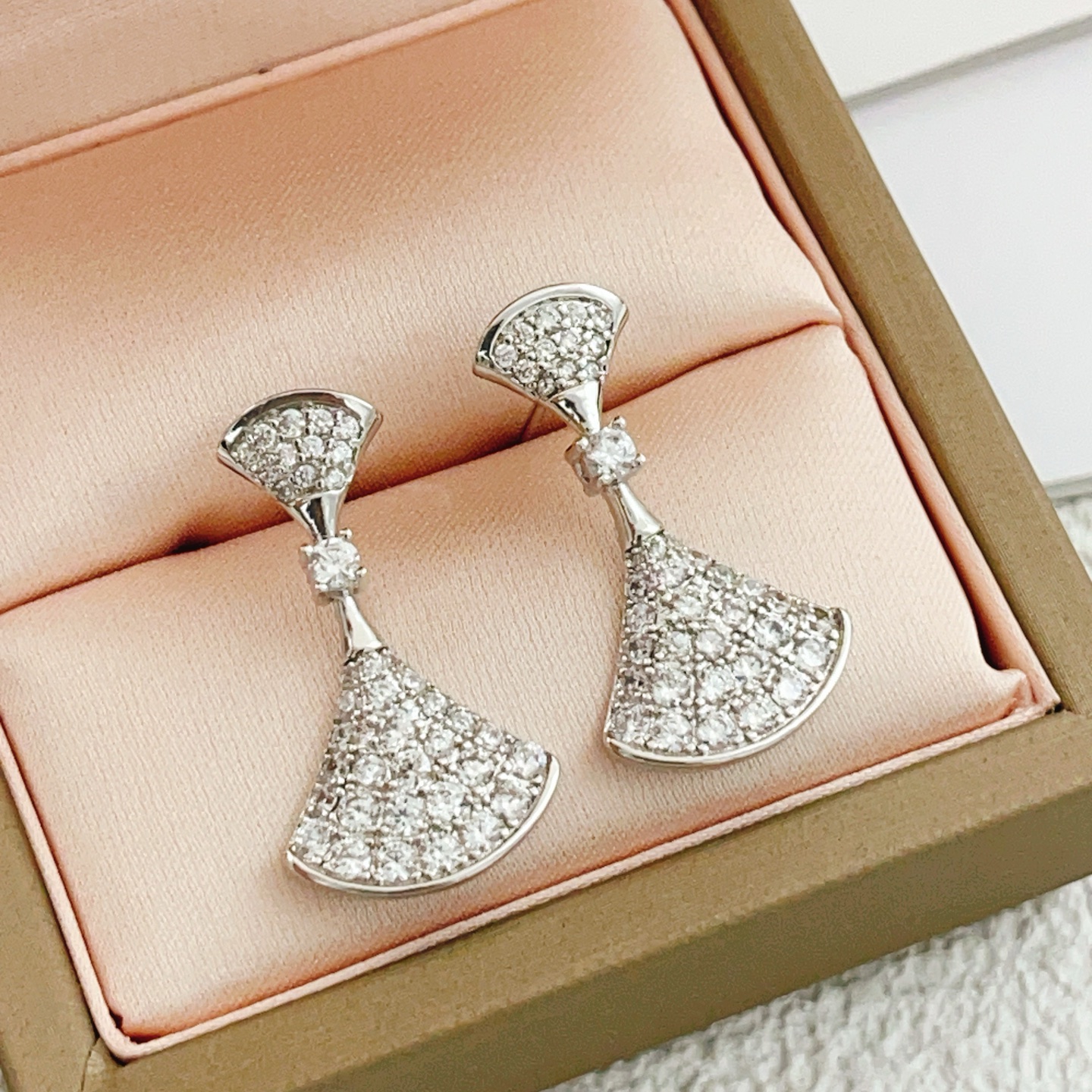 Bvlgari Divas Dream earrings silver-toned white gold with full pave clear diamonds 2 2cm drop length