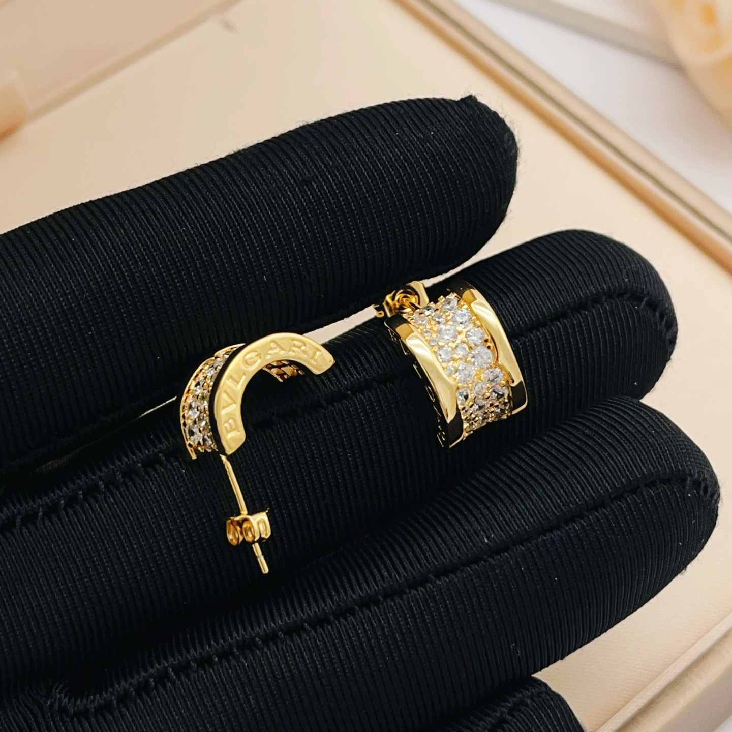 Bvlgari B zero1 earrings yellow gold with clear pave diamonds 15mm hoop diameter