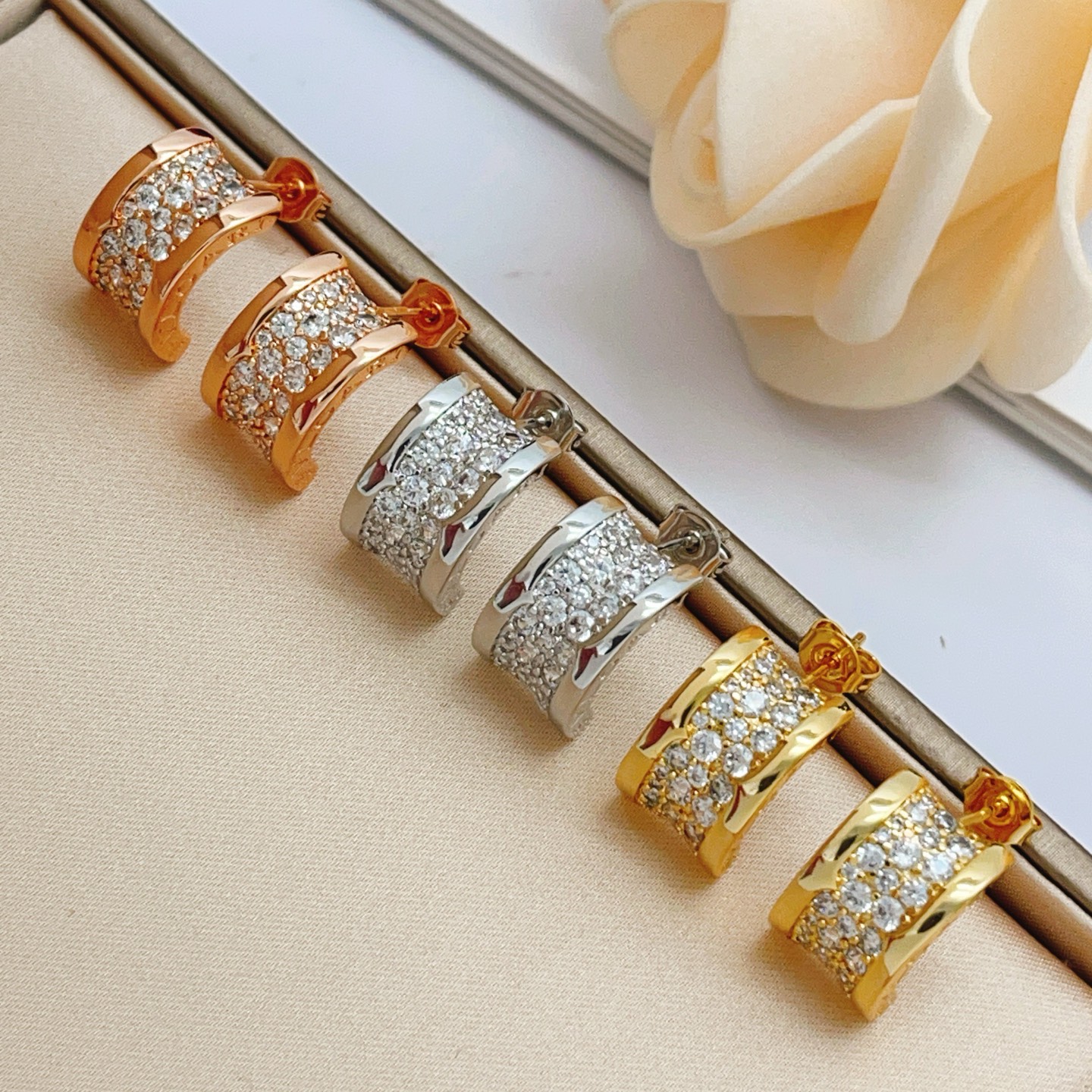Bvlgari B zero1 earrings silver-toned white gold with clear pave diamonds 12mm hoop diameter