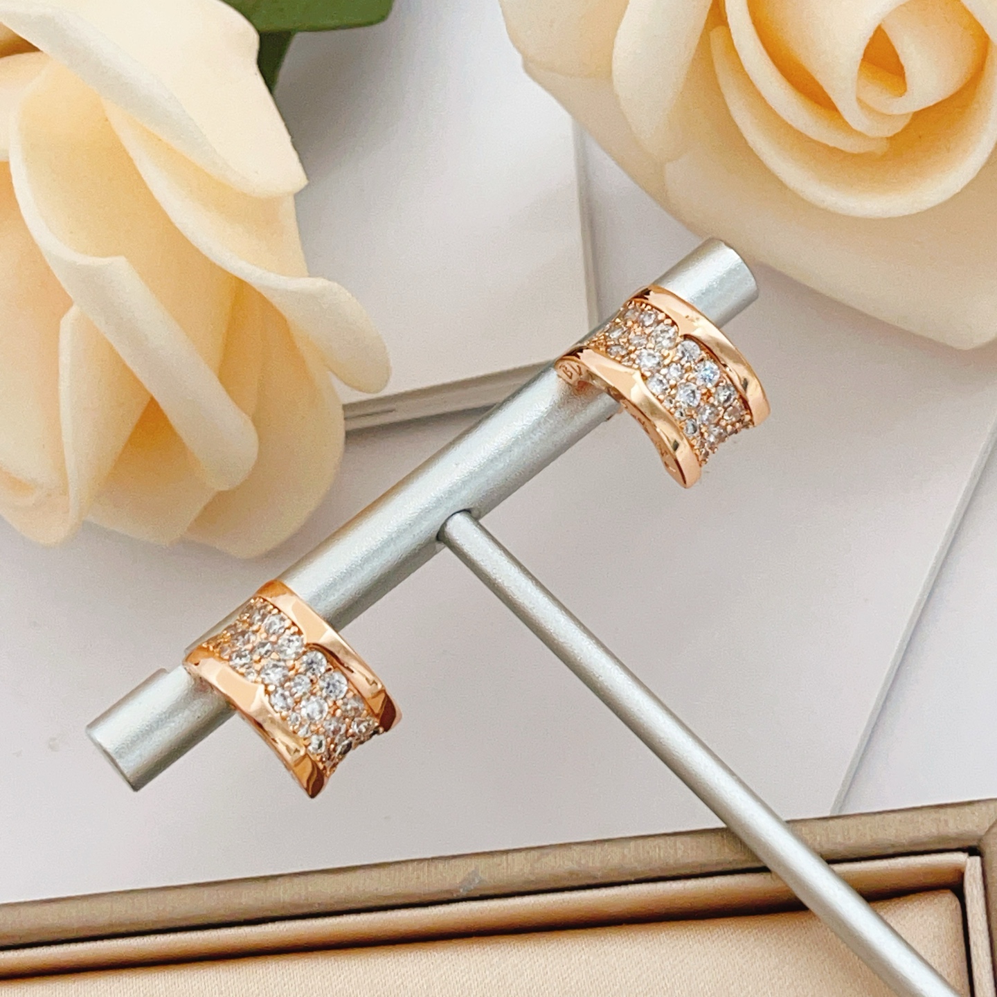 Bvlgari B zero1 earrings rose gold with clear pave diamonds 12mm hoop diameter