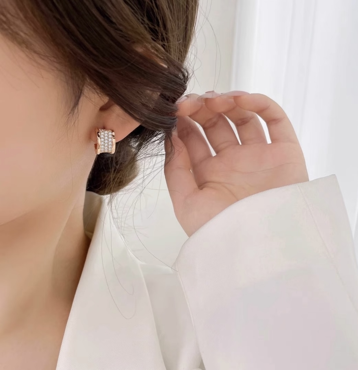 Bvlgari B zero1 earrings rose gold with clear pave diamonds 12mm hoop diameter