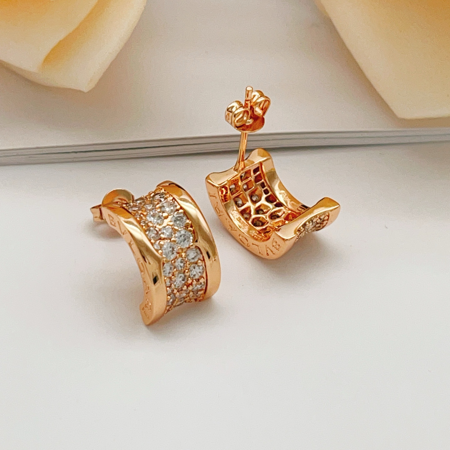 Bvlgari B zero1 earrings rose gold with clear pave diamonds 12mm hoop diameter