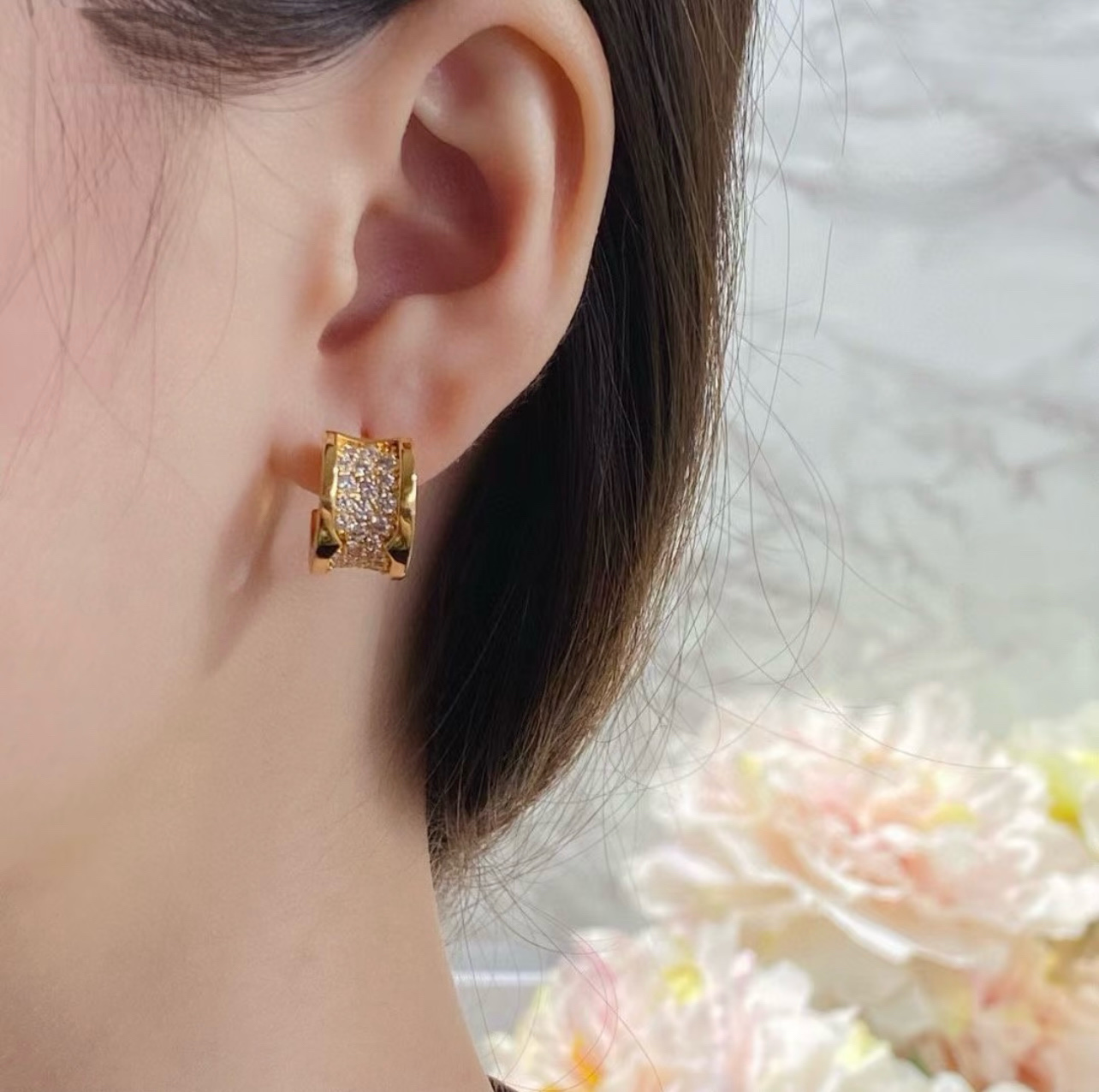 Bvlgari B zero1 earrings rose gold with clear pave diamonds 12mm hoop diameter