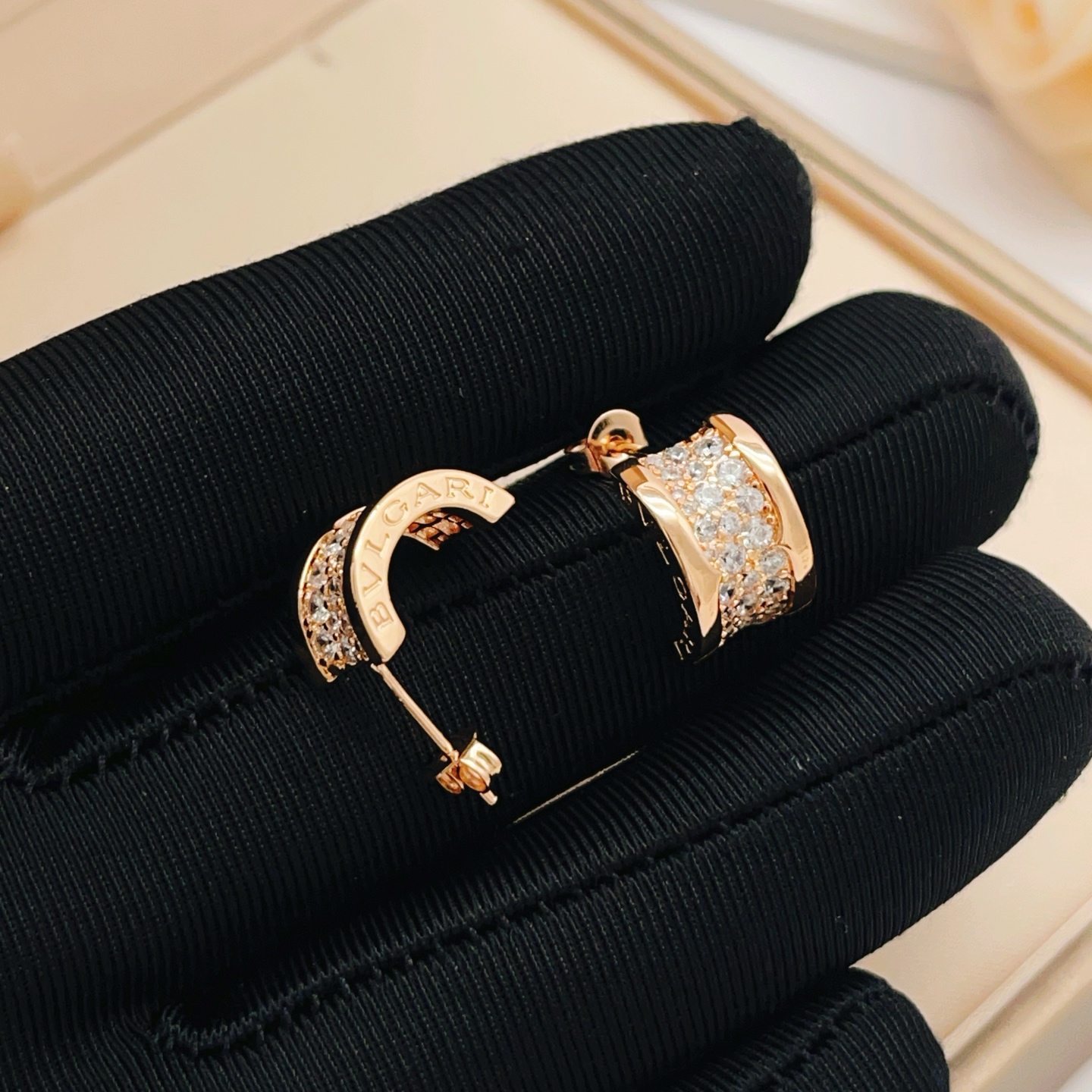 Bvlgari B zero1 earrings rose gold with clear pave diamonds 12mm hoop diameter
