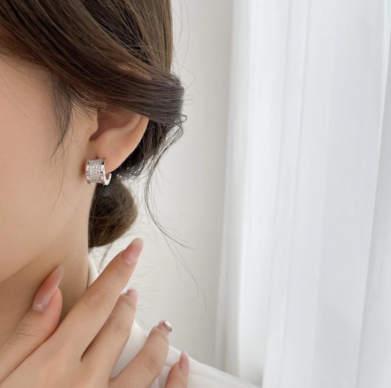 Bvlgari B zero1 earrings silver-toned white gold with clear pave diamonds 12mm hoop diameter
