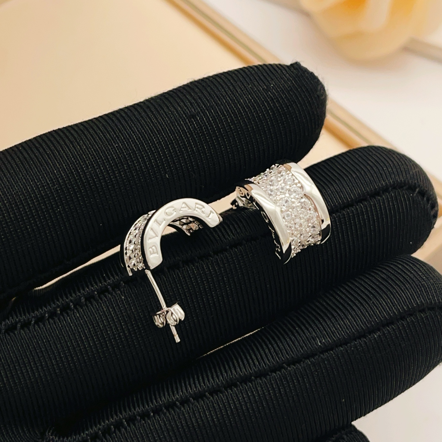 Bvlgari B zero1 earrings silver-toned white gold with clear pave diamonds 12mm hoop diameter