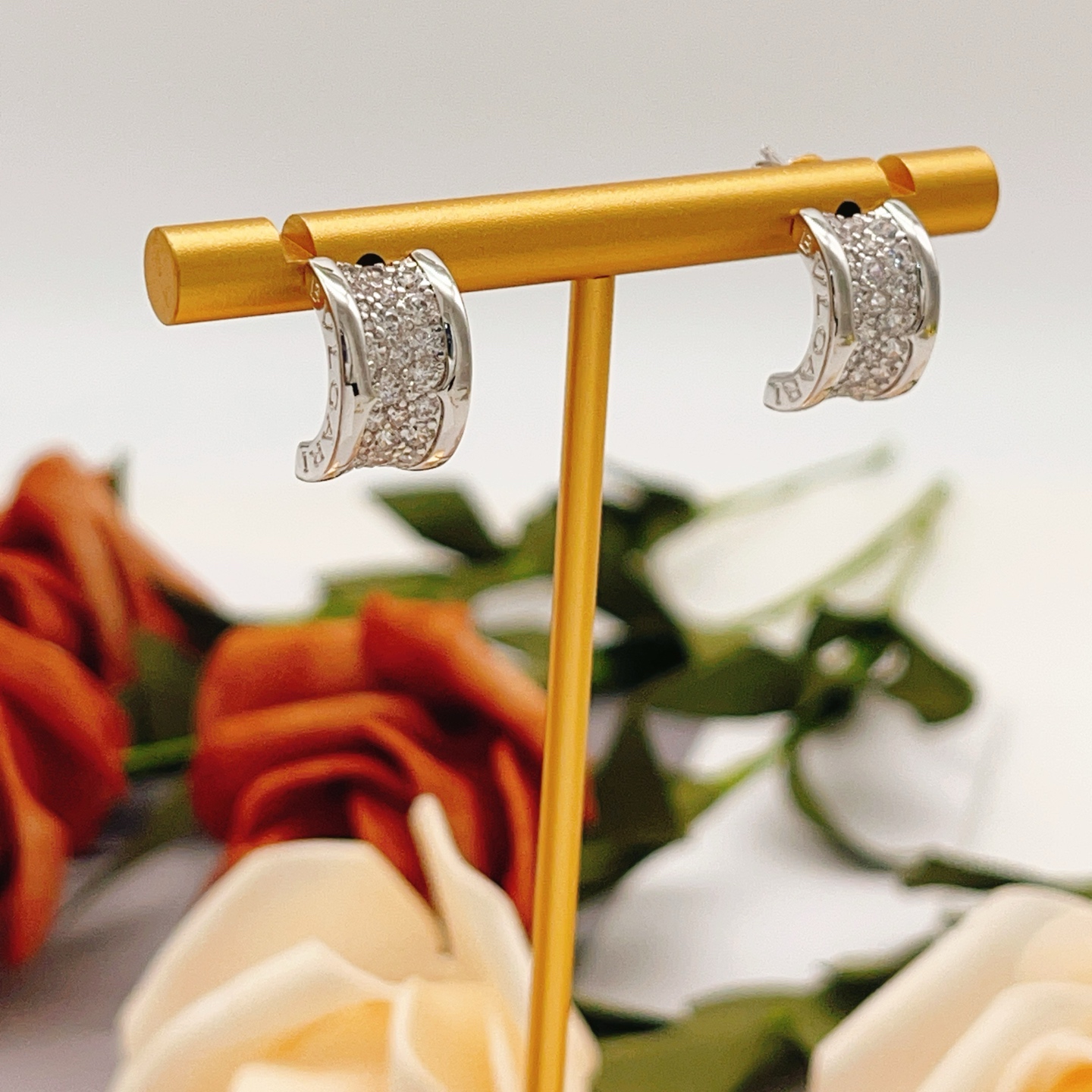 Bvlgari B zero1 earrings silver-toned white gold with clear pave diamonds 12mm hoop diameter
