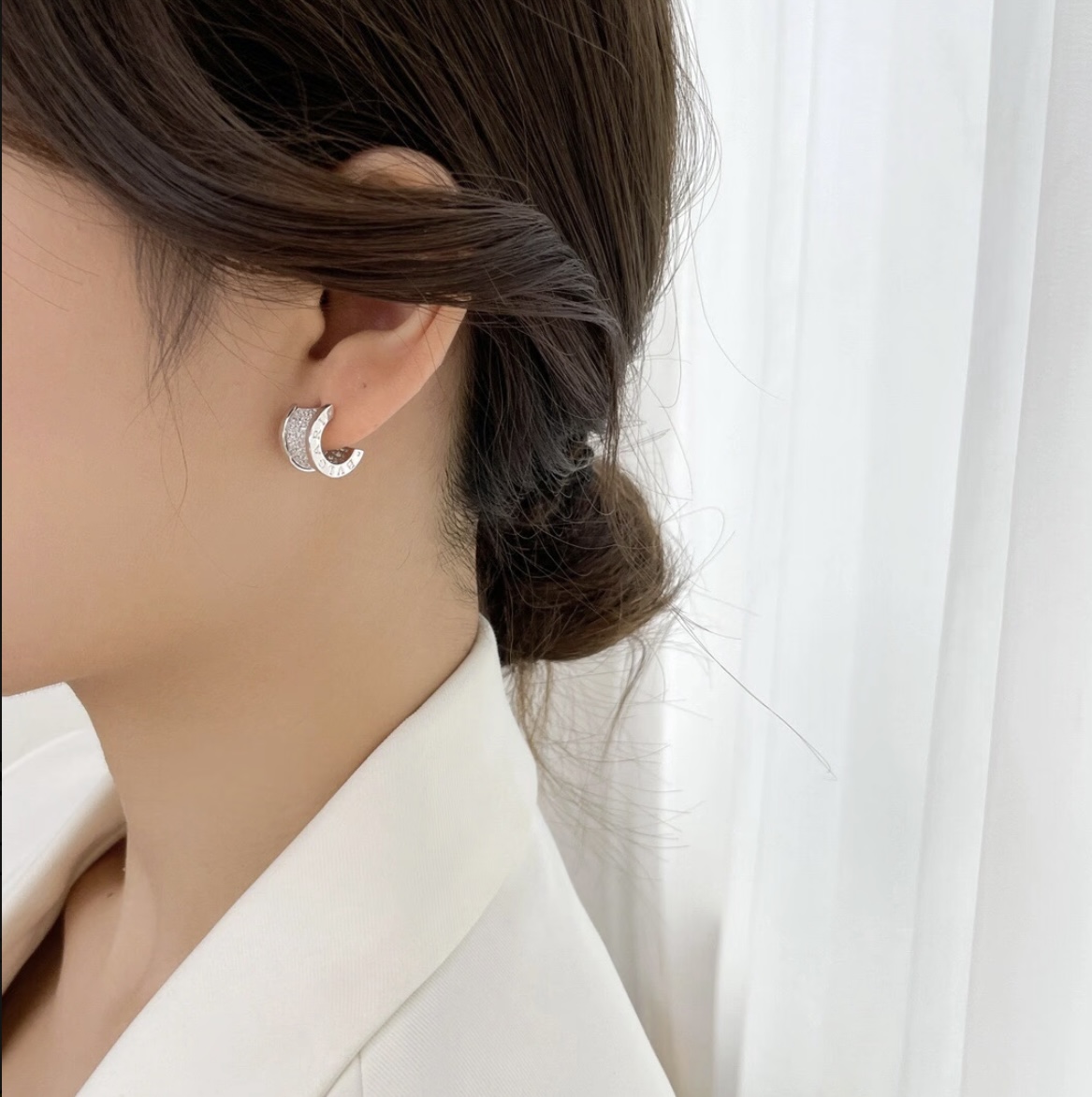 Bvlgari B zero1 earrings silver-toned white gold with clear pave diamonds 12mm hoop diameter