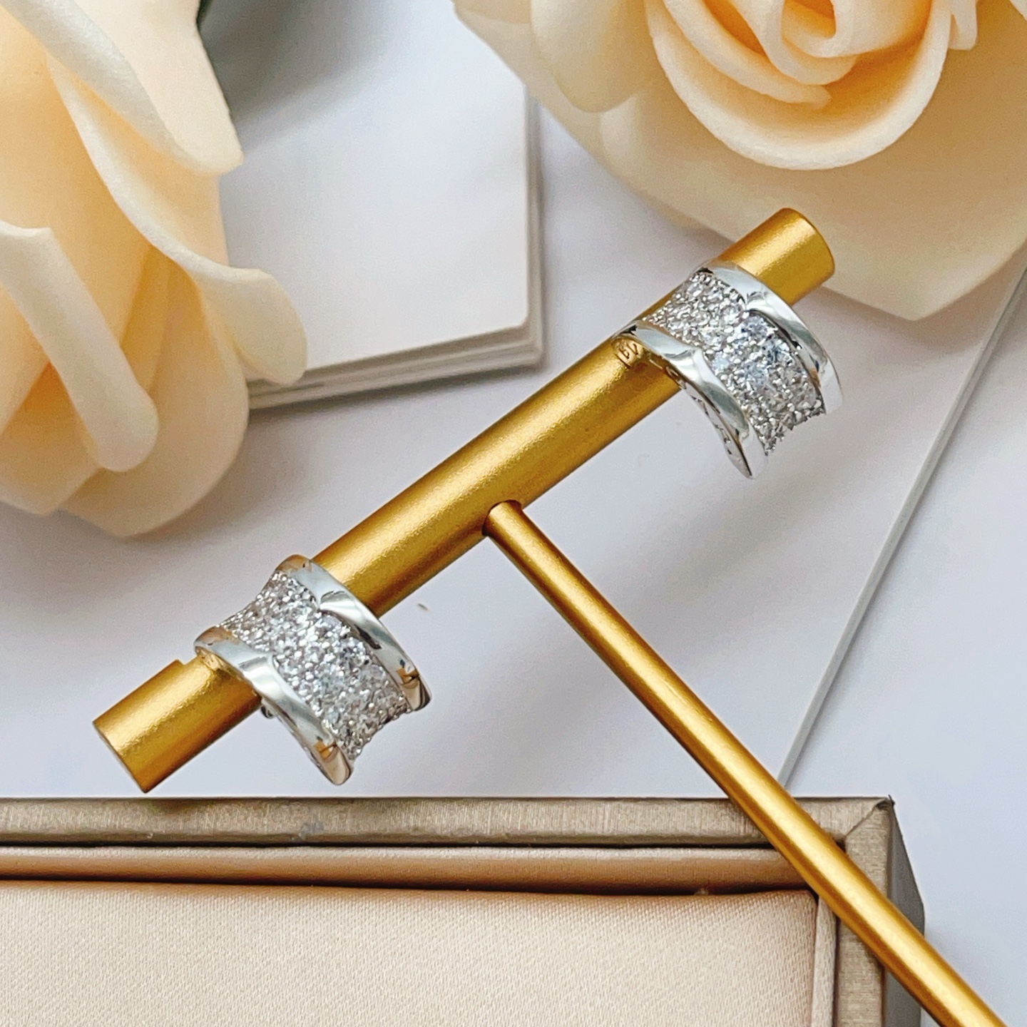 Bvlgari B zero1 earrings silver-toned white gold with clear pave diamonds 12mm hoop diameter