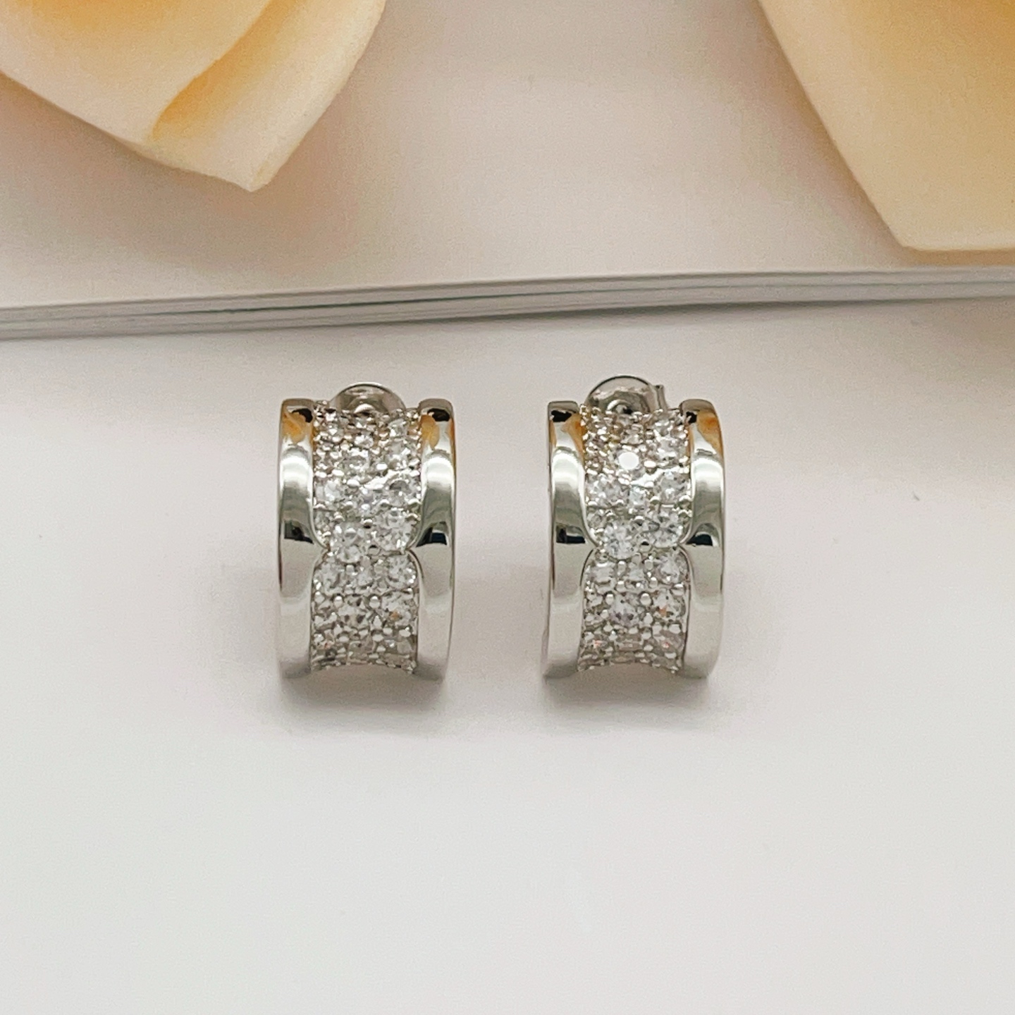 Bvlgari B zero1 earrings silver-toned white gold with clear pave diamonds 12mm hoop diameter