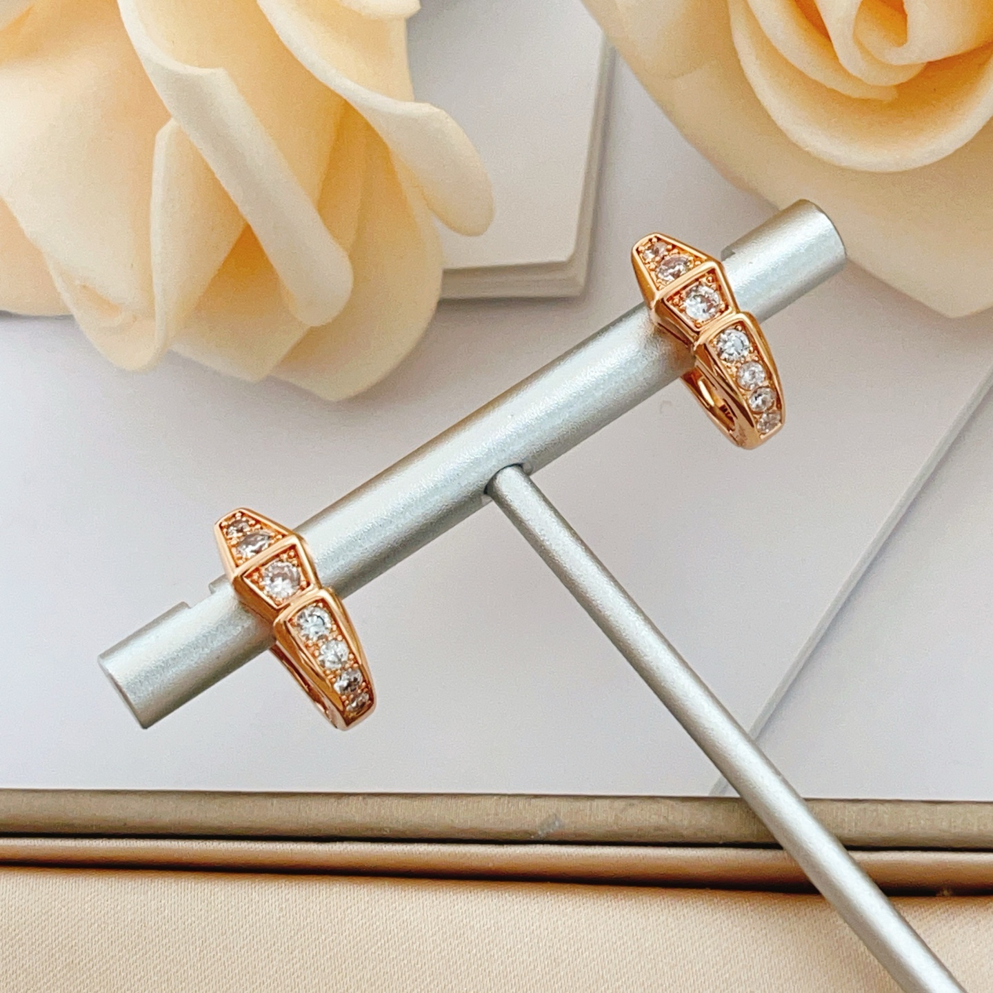 Bvlgari Serpenti Viper earrings rose gold metal with clear diamond-like cubic zirconia stones 15mm hoop diameter