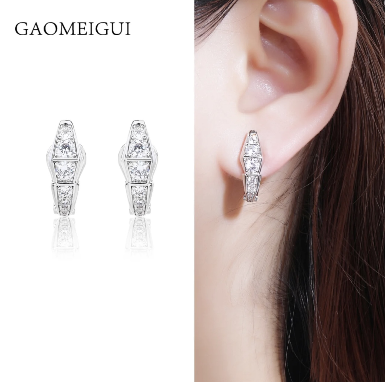 Bvlgari Serpenti Viper earrings rose gold metal with clear diamond-like cubic zirconia stones 15mm hoop diameter
