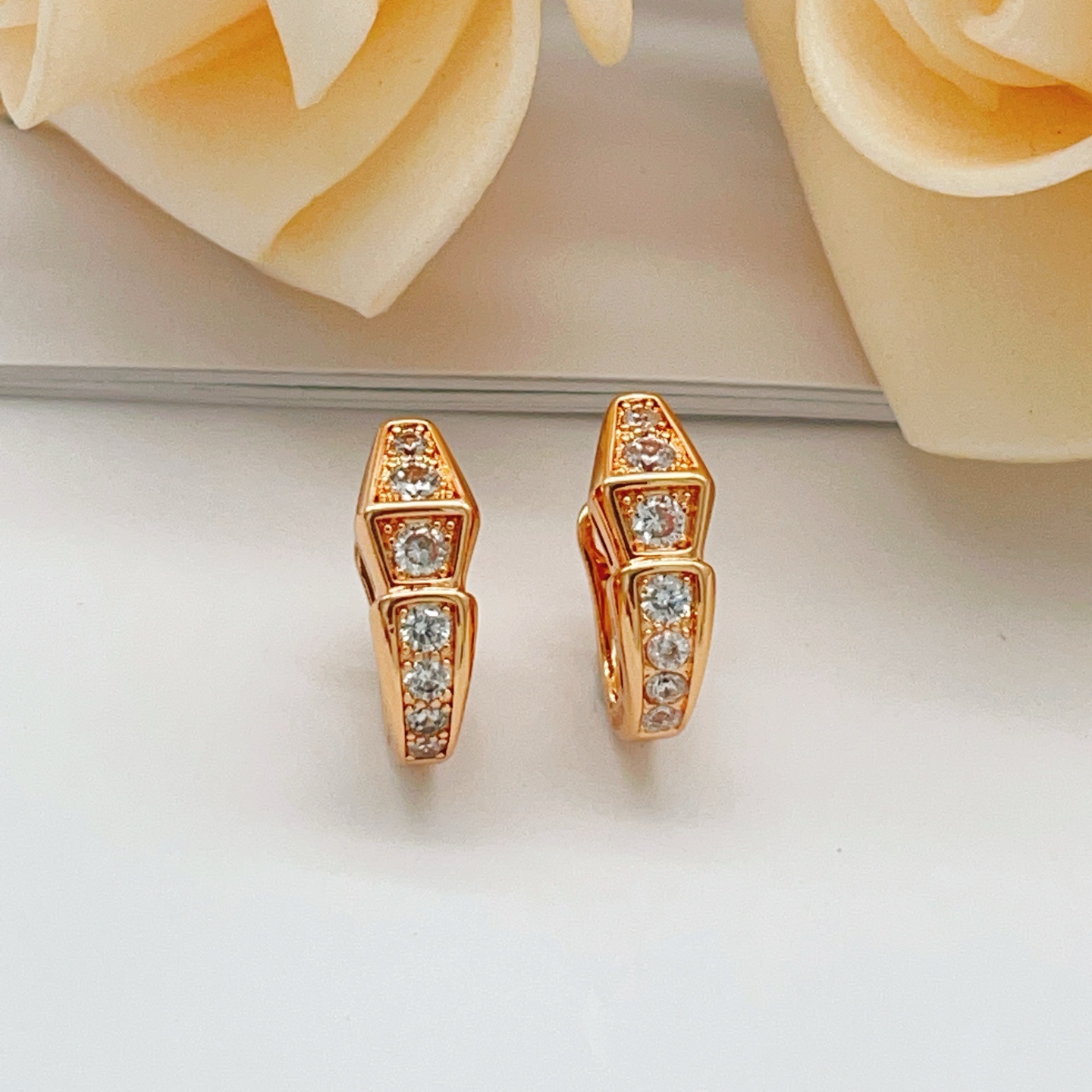 Bvlgari Serpenti Viper earrings rose gold metal with clear diamond-like cubic zirconia stones 15mm hoop diameter