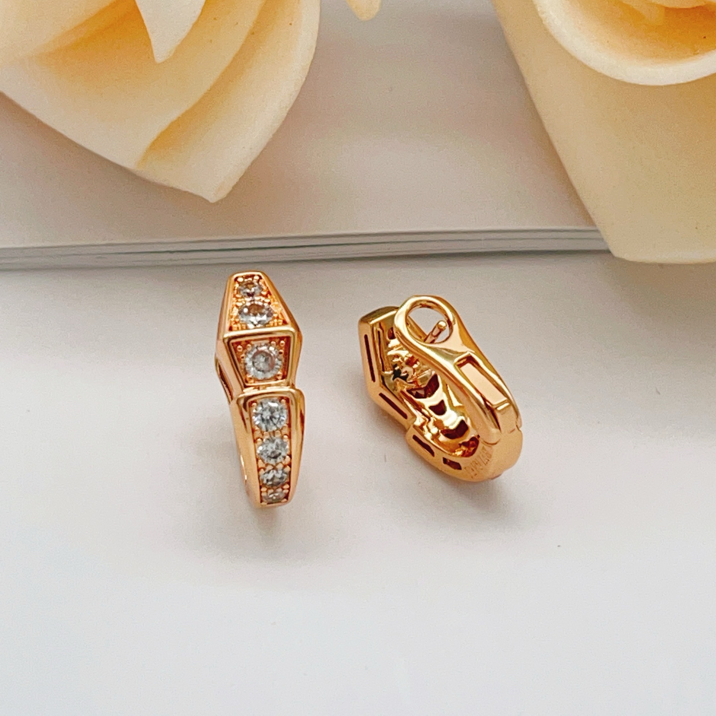 Bvlgari Serpenti Viper earrings rose gold metal with clear diamond-like cubic zirconia stones 15mm hoop diameter