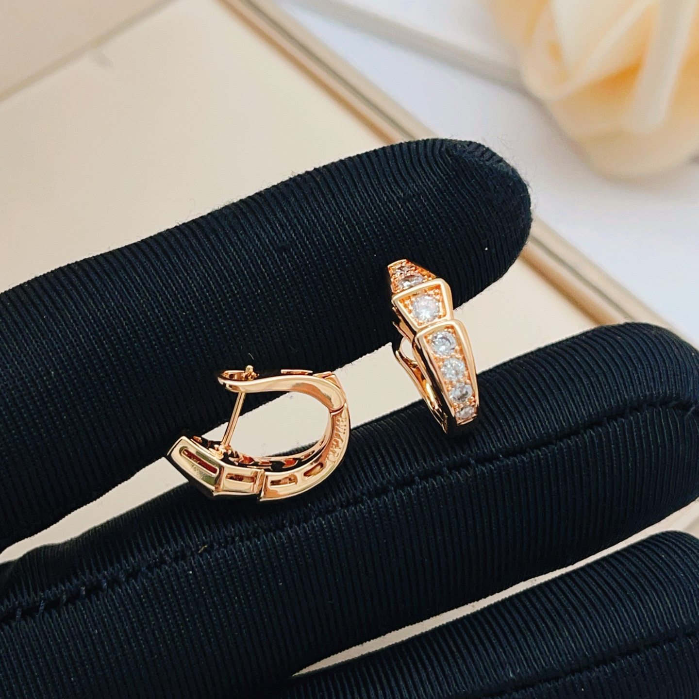 Bvlgari Serpenti Viper earrings rose gold metal with clear diamond-like cubic zirconia stones 15mm hoop diameter