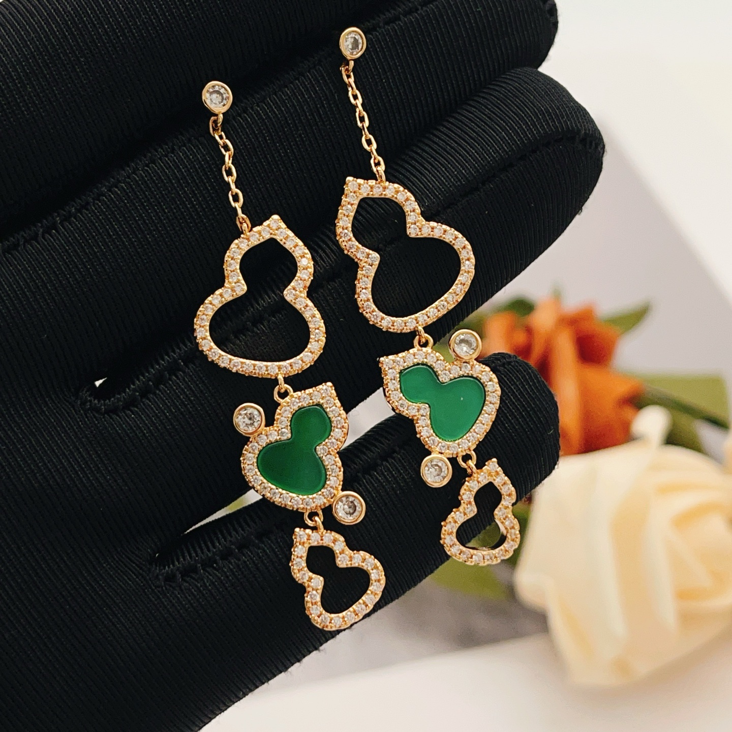 Qeelin Wulu earrings 18k rose gold green malachite clear diamond simulants 4 5cm drop length