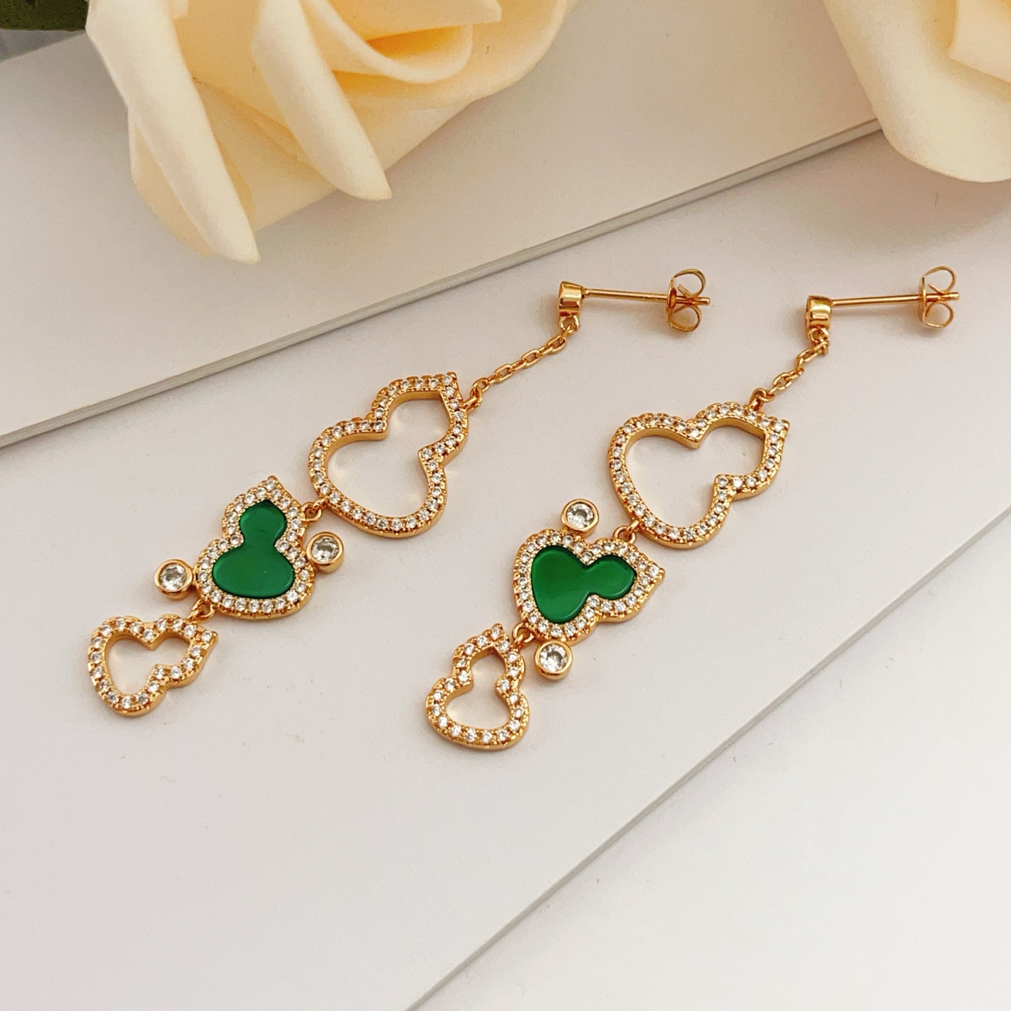 Qeelin Wulu earrings 18k rose gold green malachite clear diamond simulants 4 5cm drop length