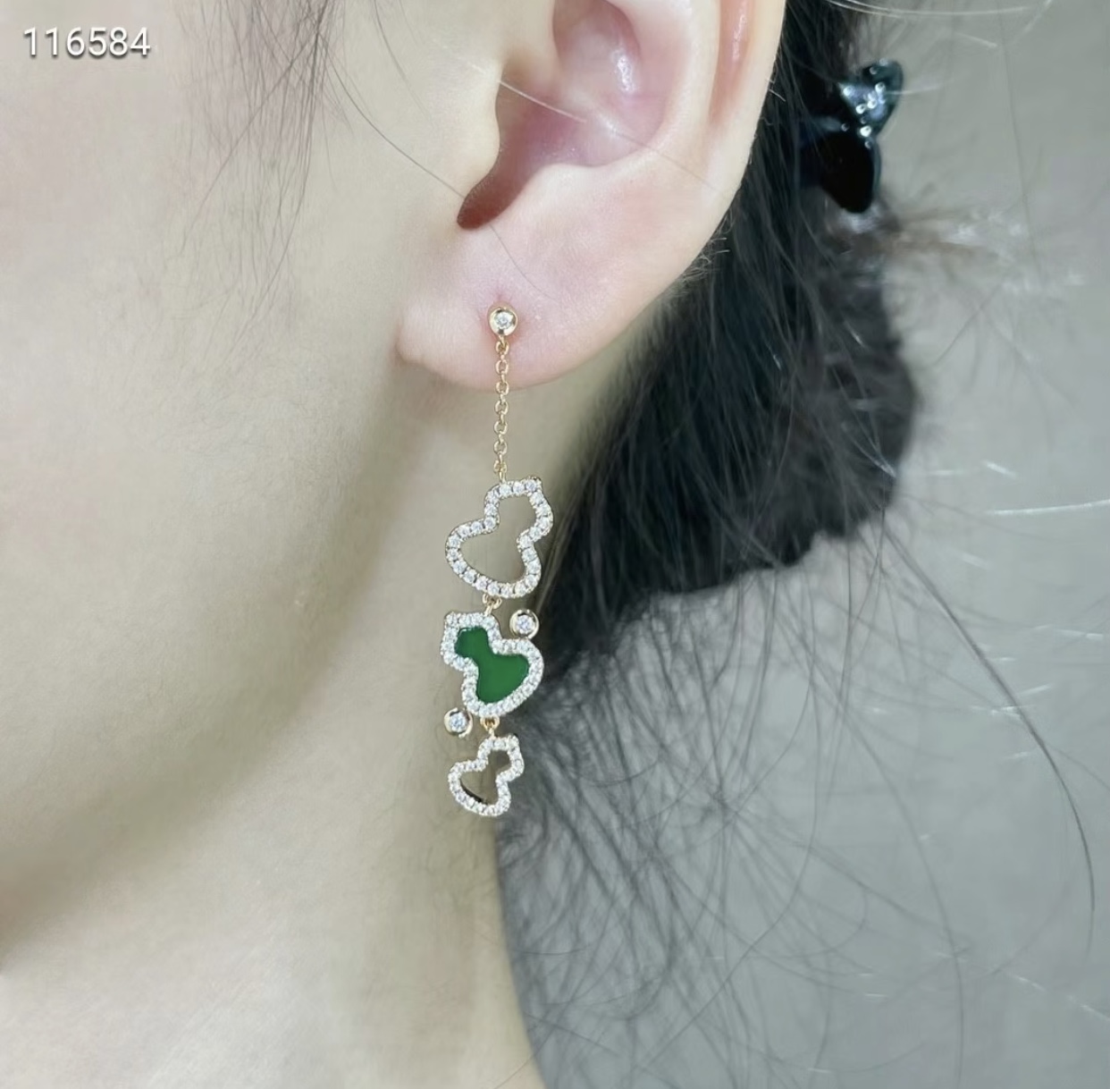Qeelin Wulu earrings 18k rose gold green malachite clear diamond simulants 4 5cm drop length