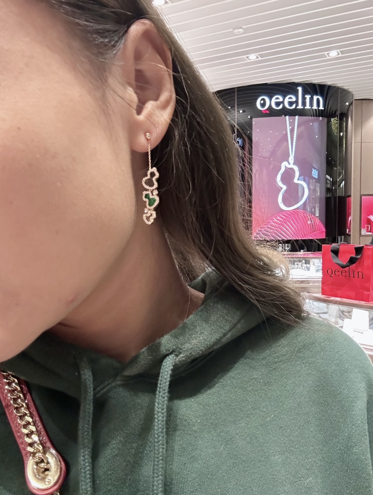 Qeelin Wulu earrings 18k rose gold green malachite clear diamond simulants 4 5cm drop length