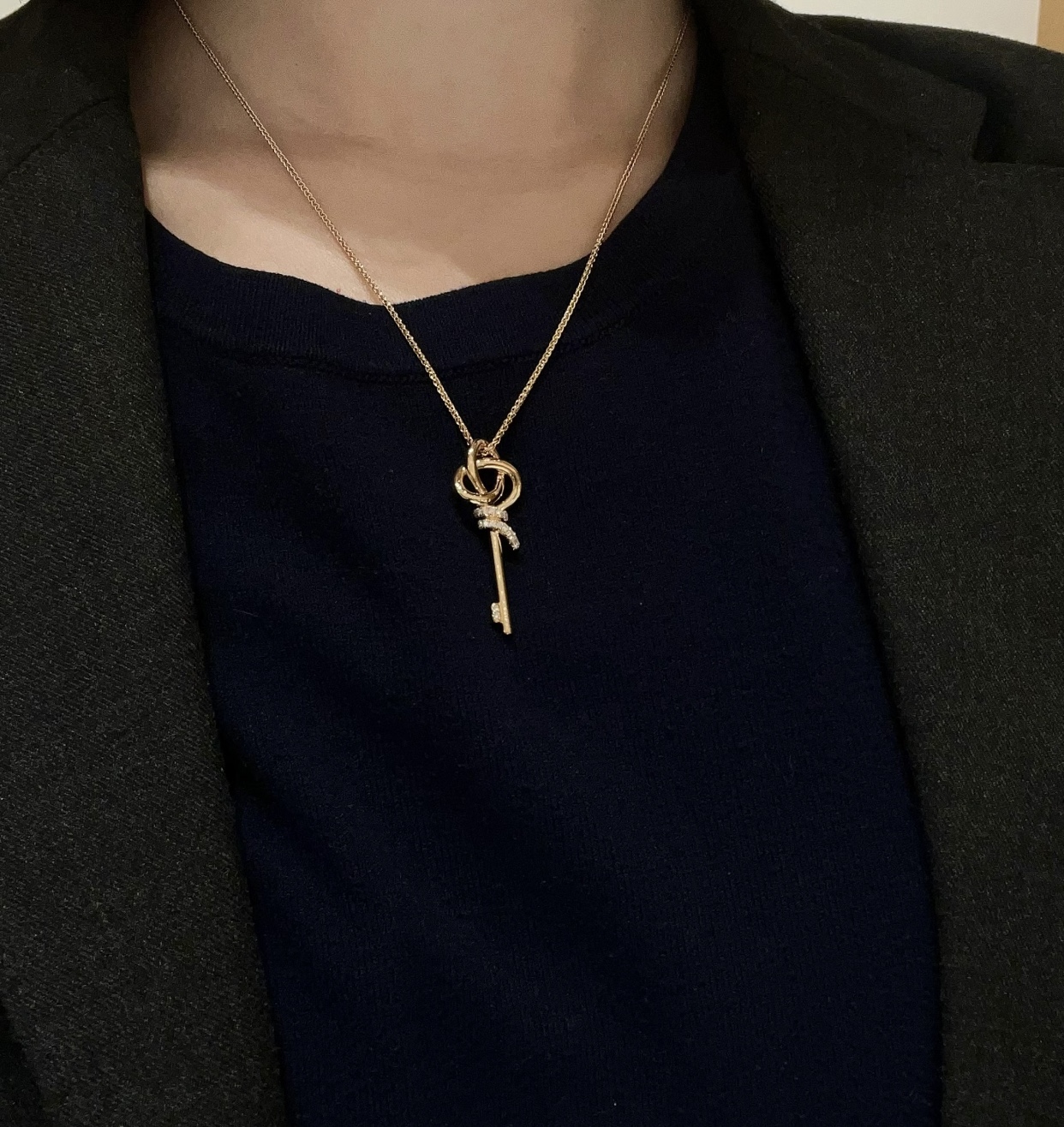 Tiffany Co Tiffany Keys Woven Key Pendant necklace 18k rose gold with clear diamond accents 18 inch chain