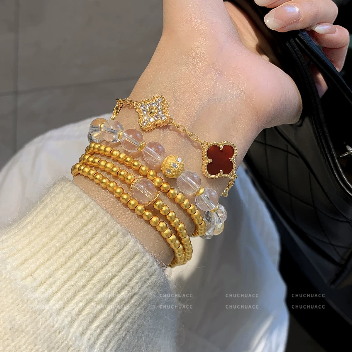 Van Cleef Arpels Vintage Alhambra bracelet Yellow gold with red carnelian and clear diamond accents 18cm
