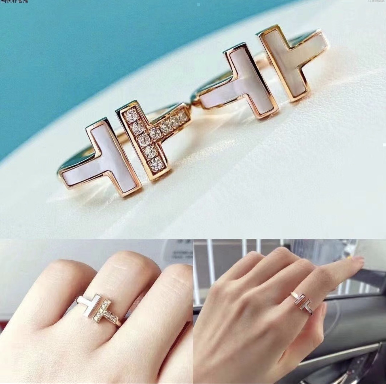 Tiffany Co T Wire ring 18k yellow gold white mother-of-pearl clear diamond 7