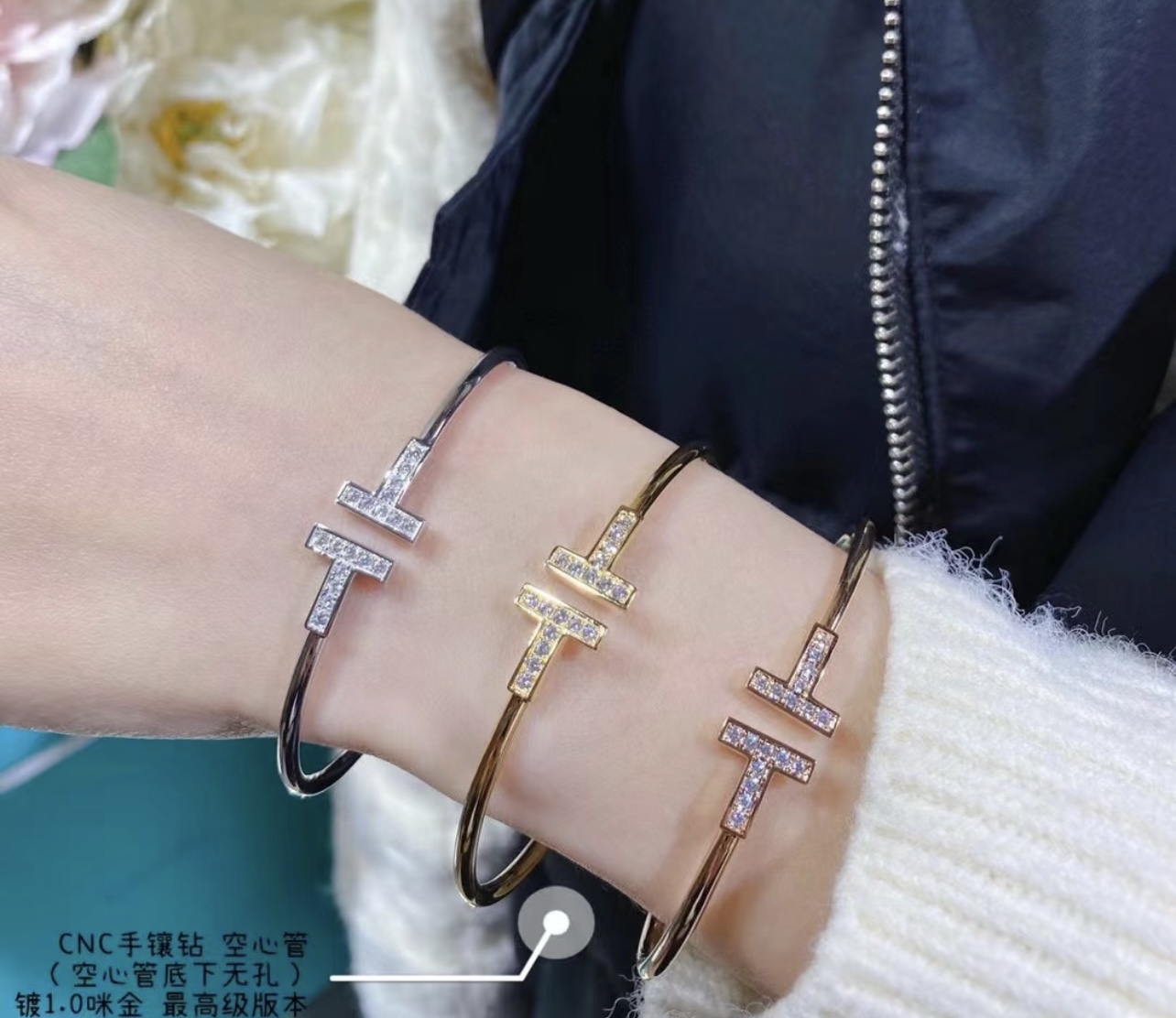 Tiffany Co T Wire bracelet sterling silver with clear diamond accents also available in 18k yellow gold and 18k rose gold with clear diamond accents 17cm inner circumference