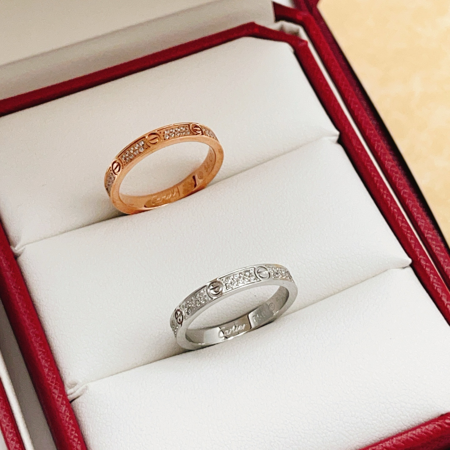 Cartier Love ring 18k white gold with pave diamonds 18k rose gold with pave diamonds No 6