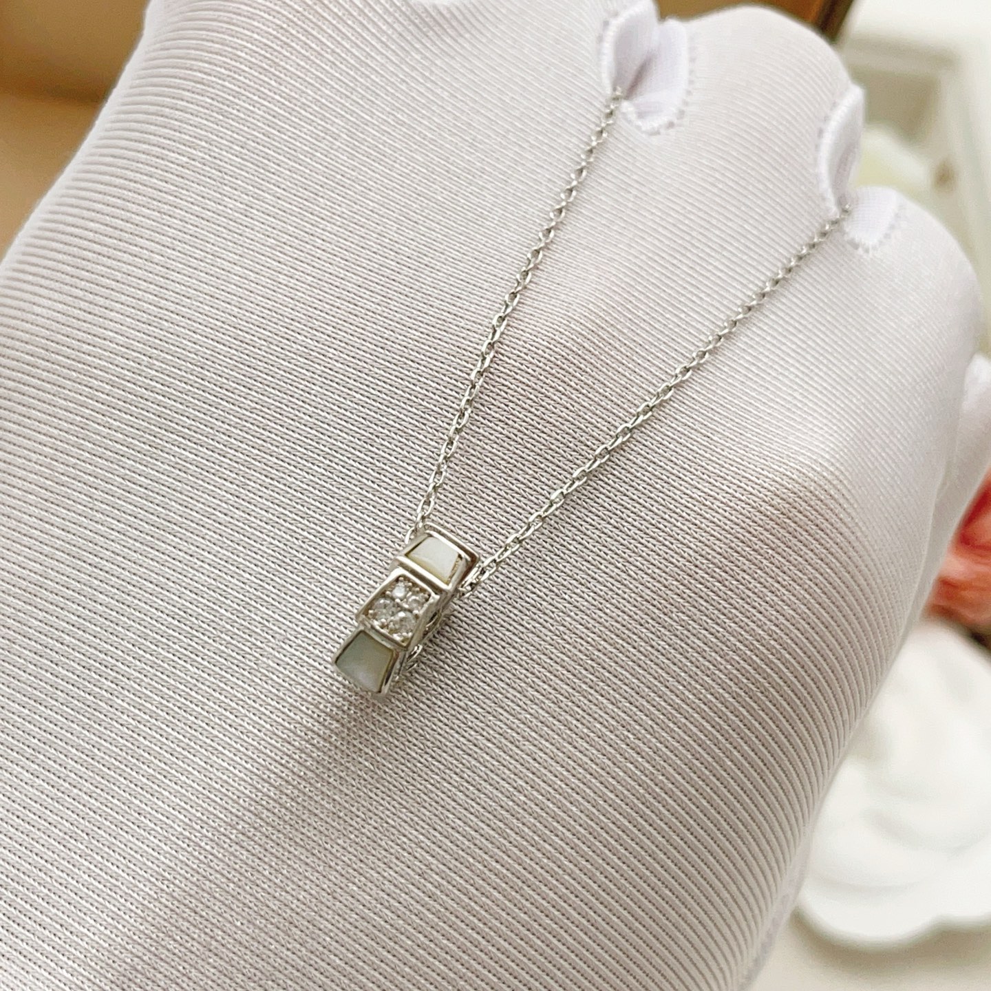 Bvlgari Serpenti Viper necklace Available in 18k white gold and 18k rose gold set with white mother-of-pearl and pave diamonds 40-45cm adjustable