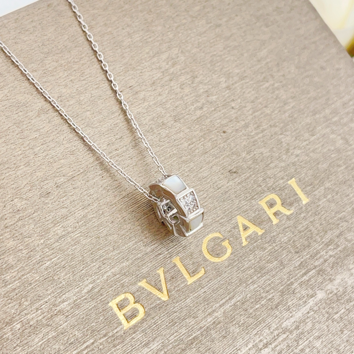 Bvlgari Serpenti Viper necklace Available in 18k white gold and 18k rose gold set with white mother-of-pearl and pave diamonds 40-45cm adjustable