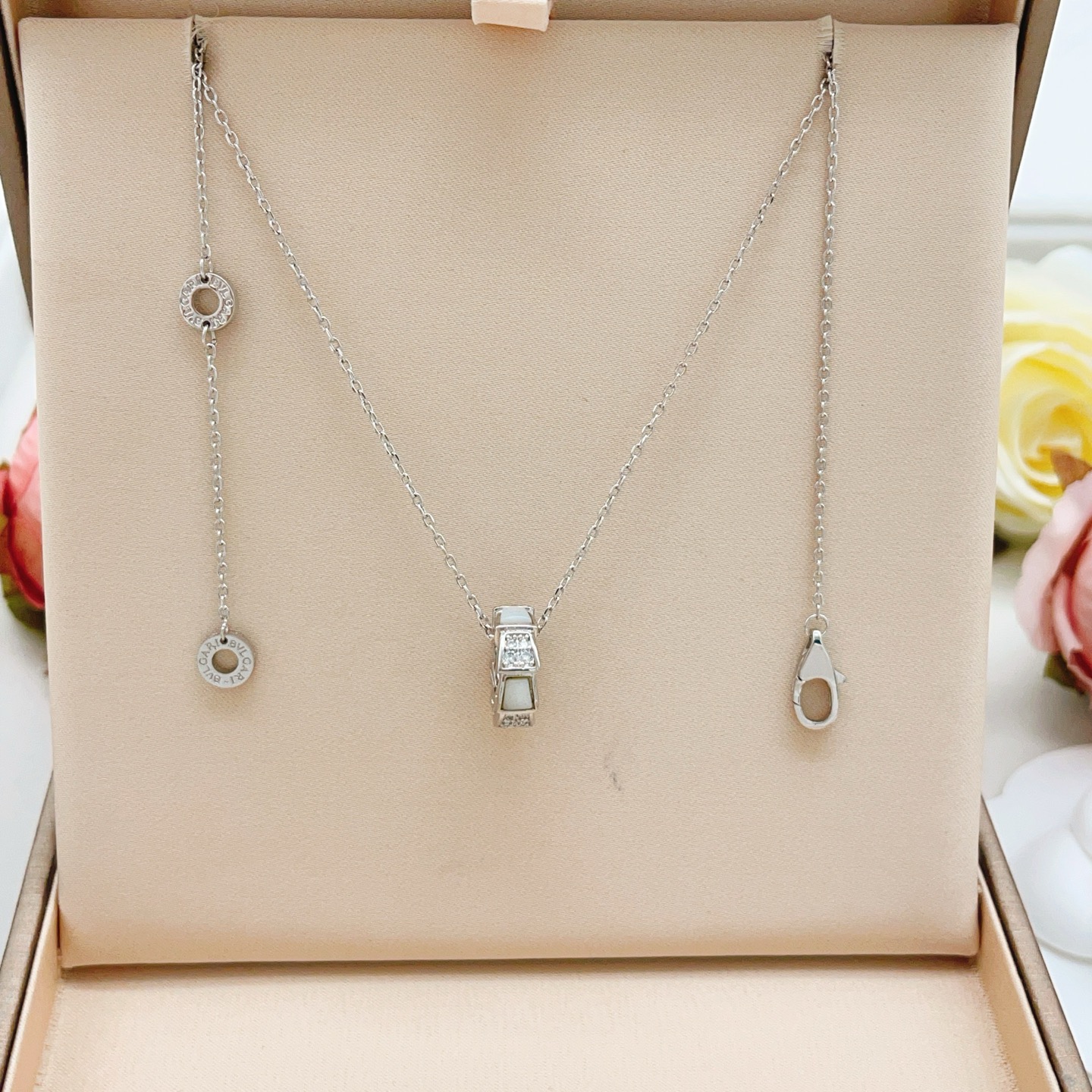 Bvlgari Serpenti Viper necklace Available in 18k white gold and 18k rose gold set with white mother-of-pearl and pave diamonds 40-45cm adjustable