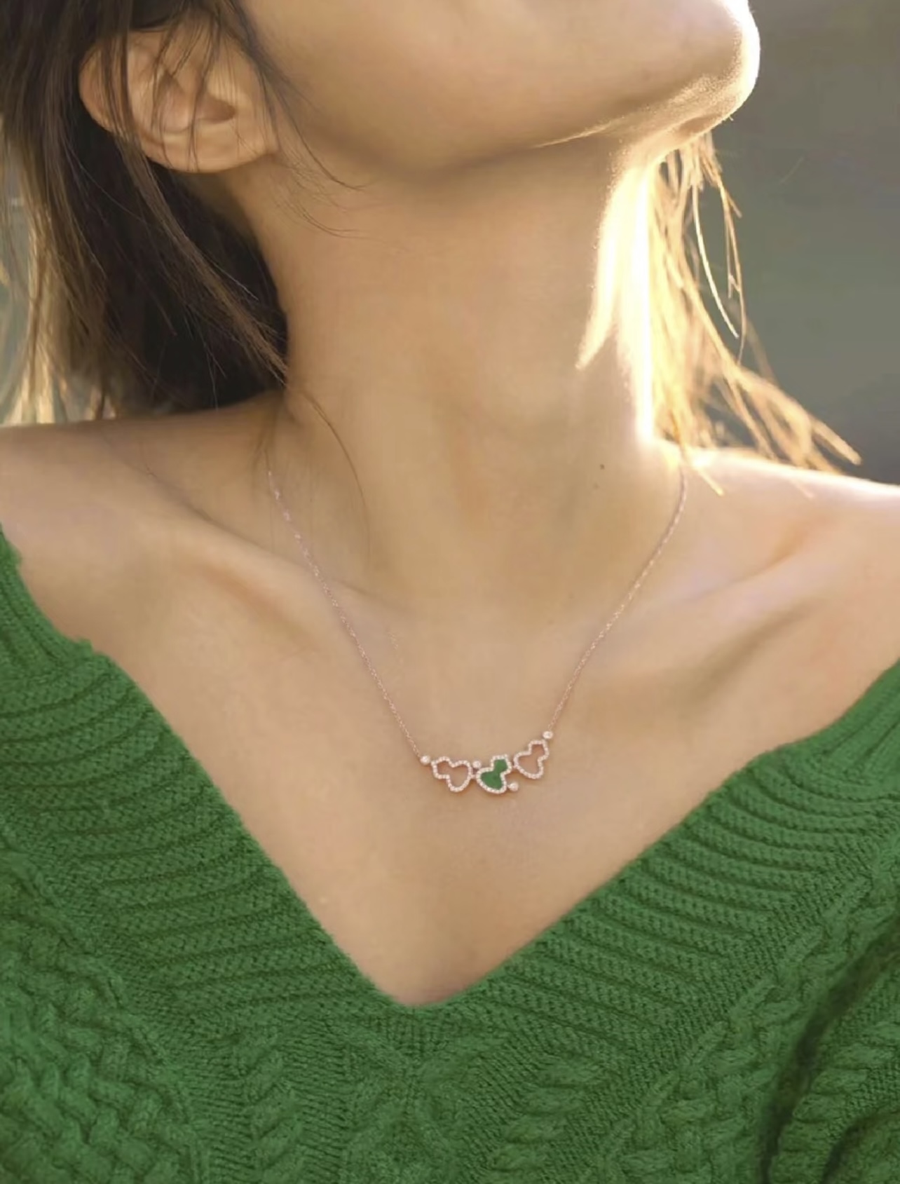 Qeelin Wulu necklace rose gold with clear diamonds and green gemstone inlay 42cm with 5cm extender