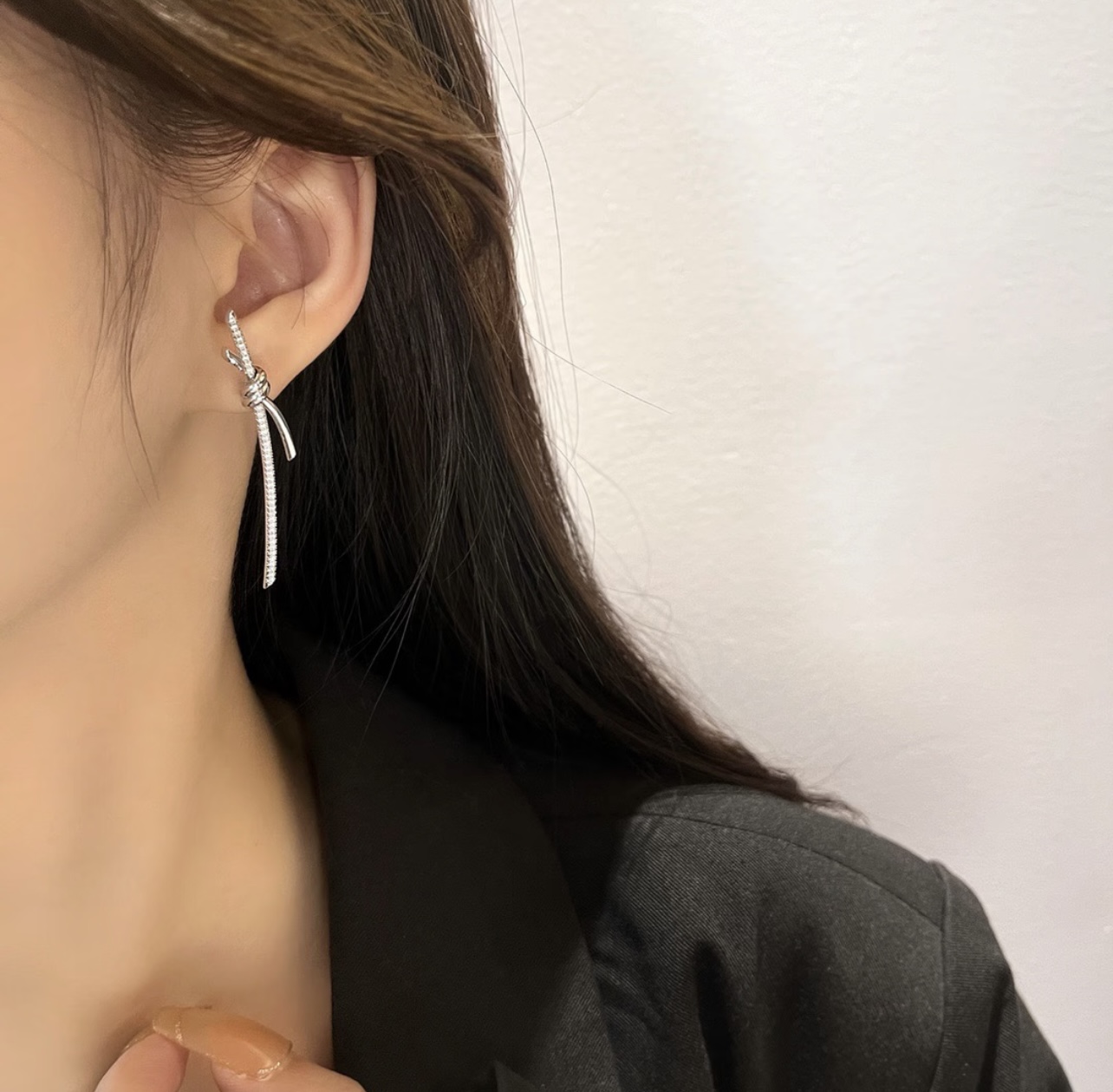 Tiffany Knot earrings silver-toned metal with clear pave diamonds 3 5cm drop length